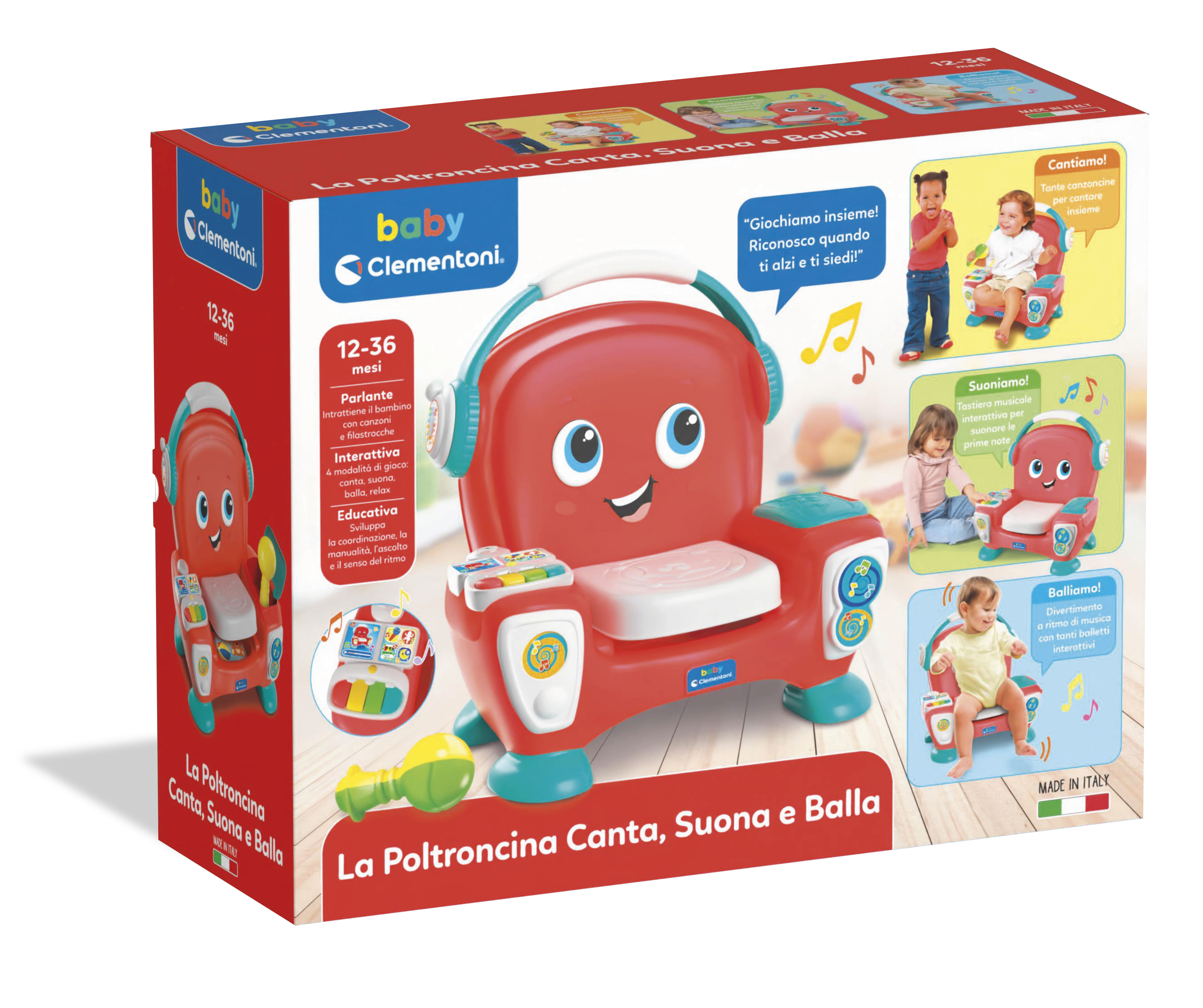 Pudełko z czerwoną i niebieską zabawką krzesłem. Krzesło ma twarz. Zawiera mikrofon i inne części zabawki.