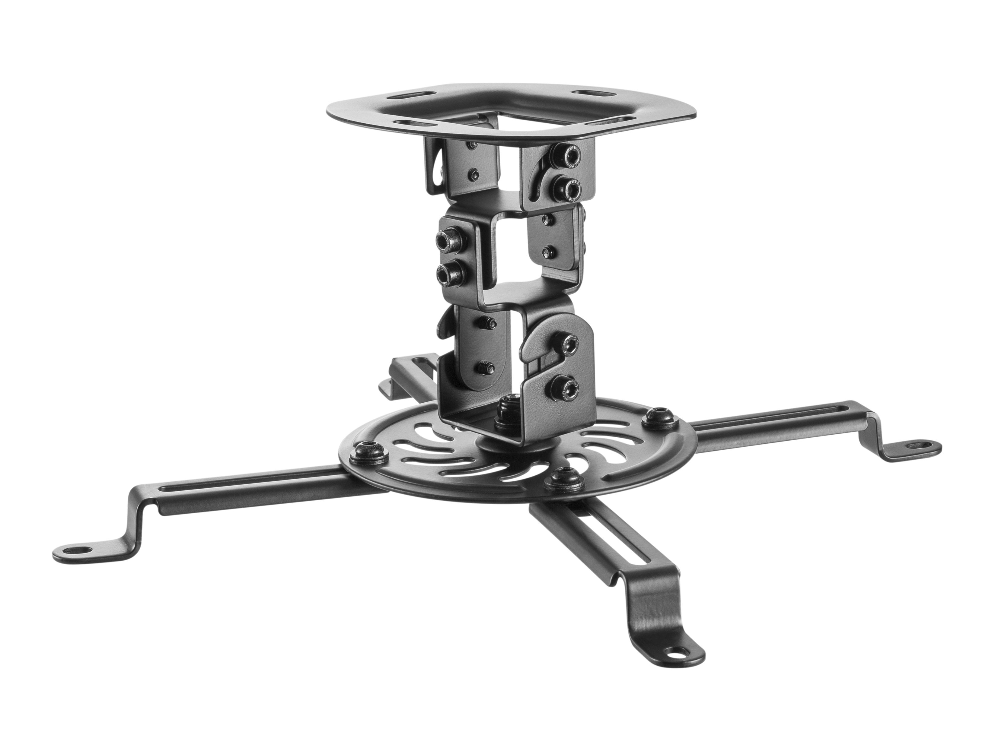 Czarny uchwyt projektora z regulowanymi ramionami i śrubami. Białe tło.