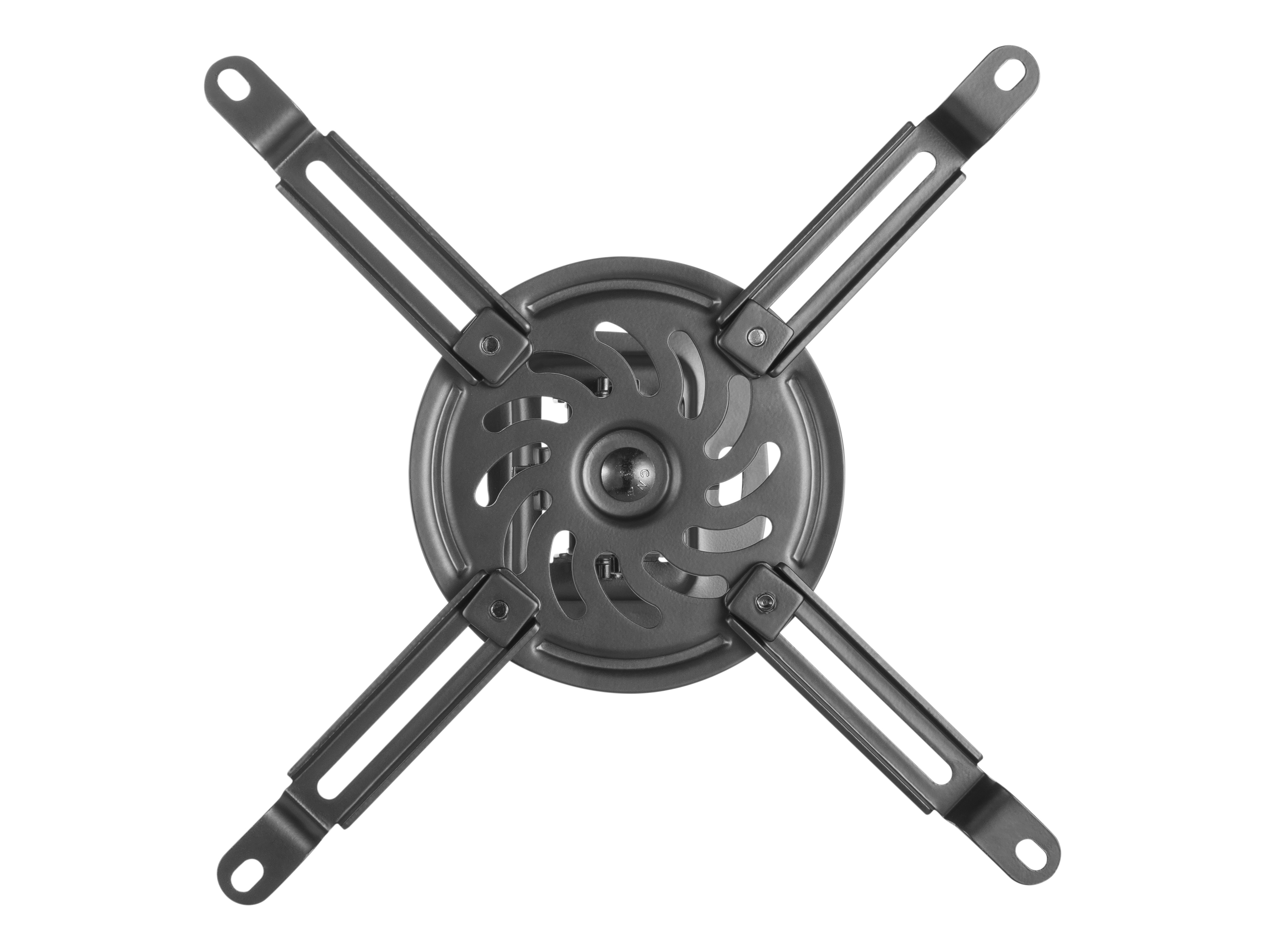 Szary metalowy wspornik z czterema ramionami rozchodzącymi się od centralnej okrągłej podstawy.