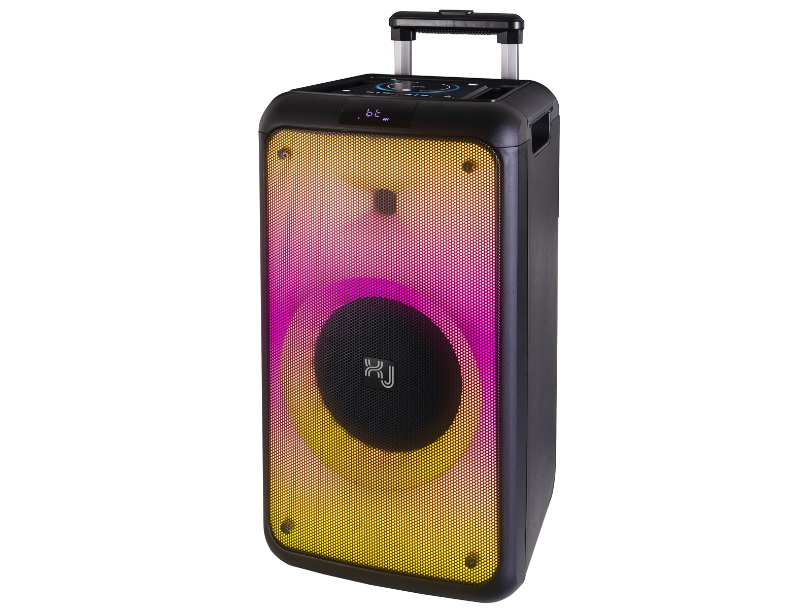 Czarny głośnik z kolorowymi światłami, uchwytem i kółkami. Światła przechodzą od żółtego do różowego.