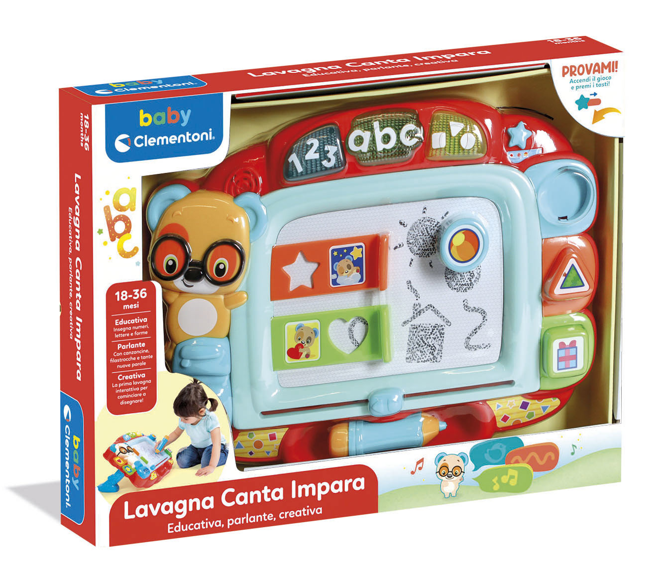 Zabawka edukacyjna dla dzieci w pudełku z ilustracją misia, cyframi, literami i kształtami. Zawiera długopis.