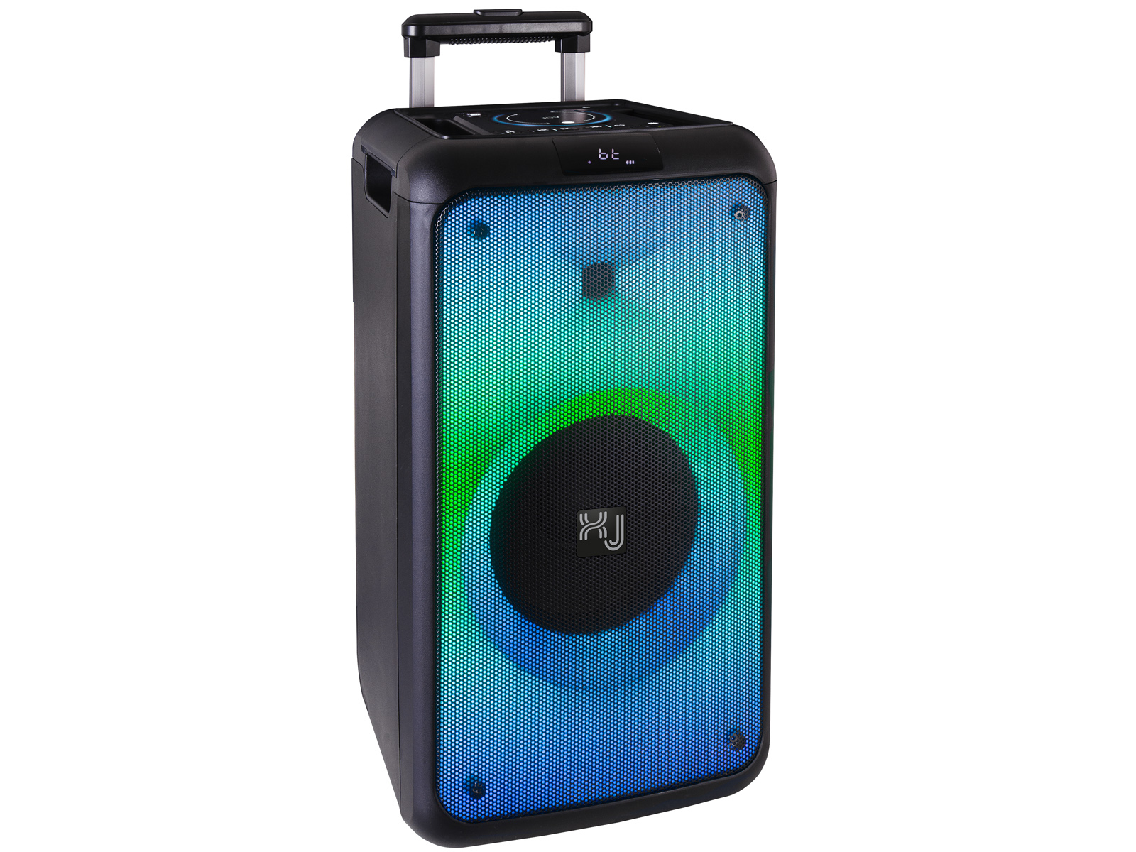 Czarny głośnik z zielonymi i niebieskimi światłami, uchwytem i kółkami. Światła zmieniają się.