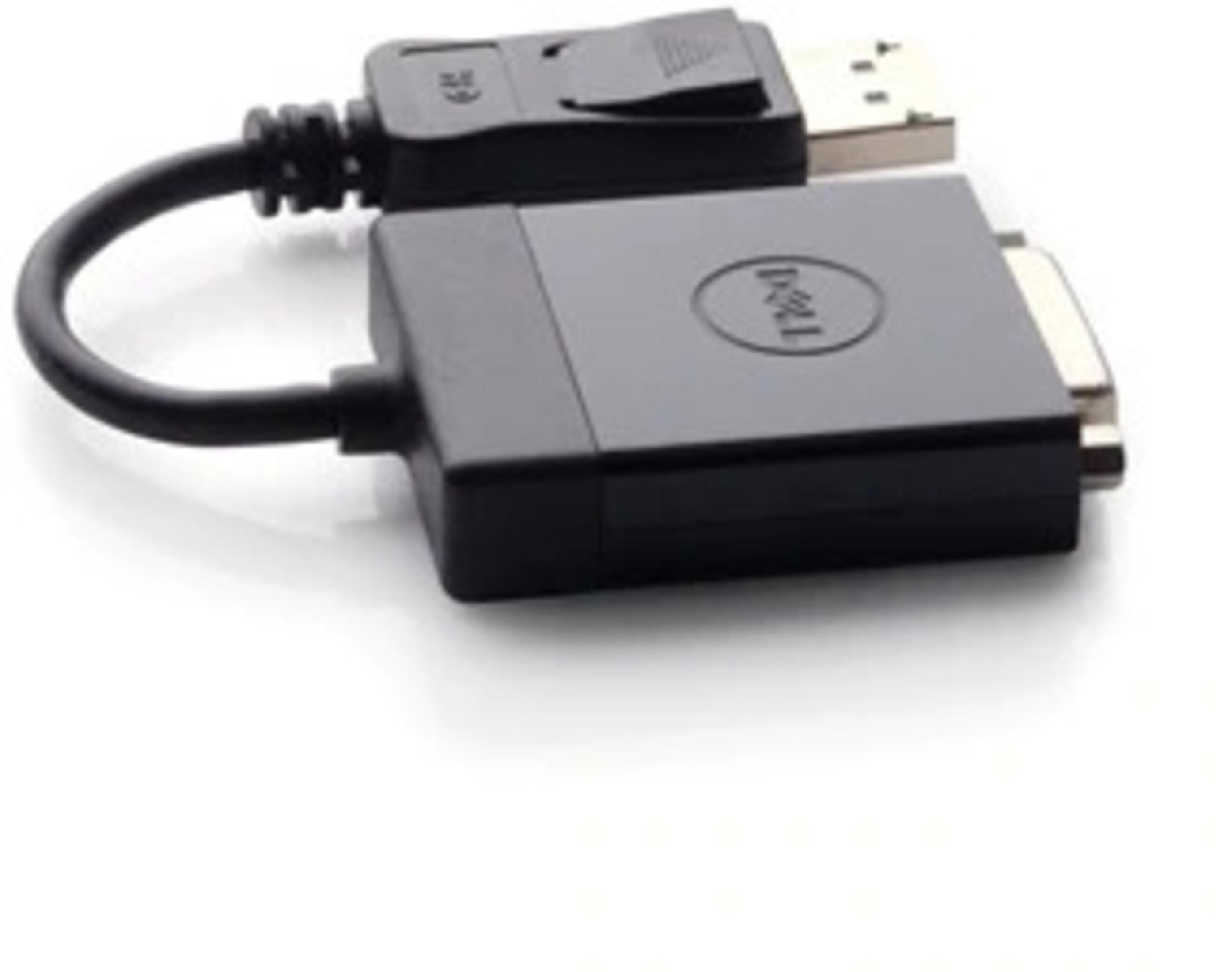 Adaptador Dell negro con conector DisplayPort y conector DVI-D, con un cable negro.