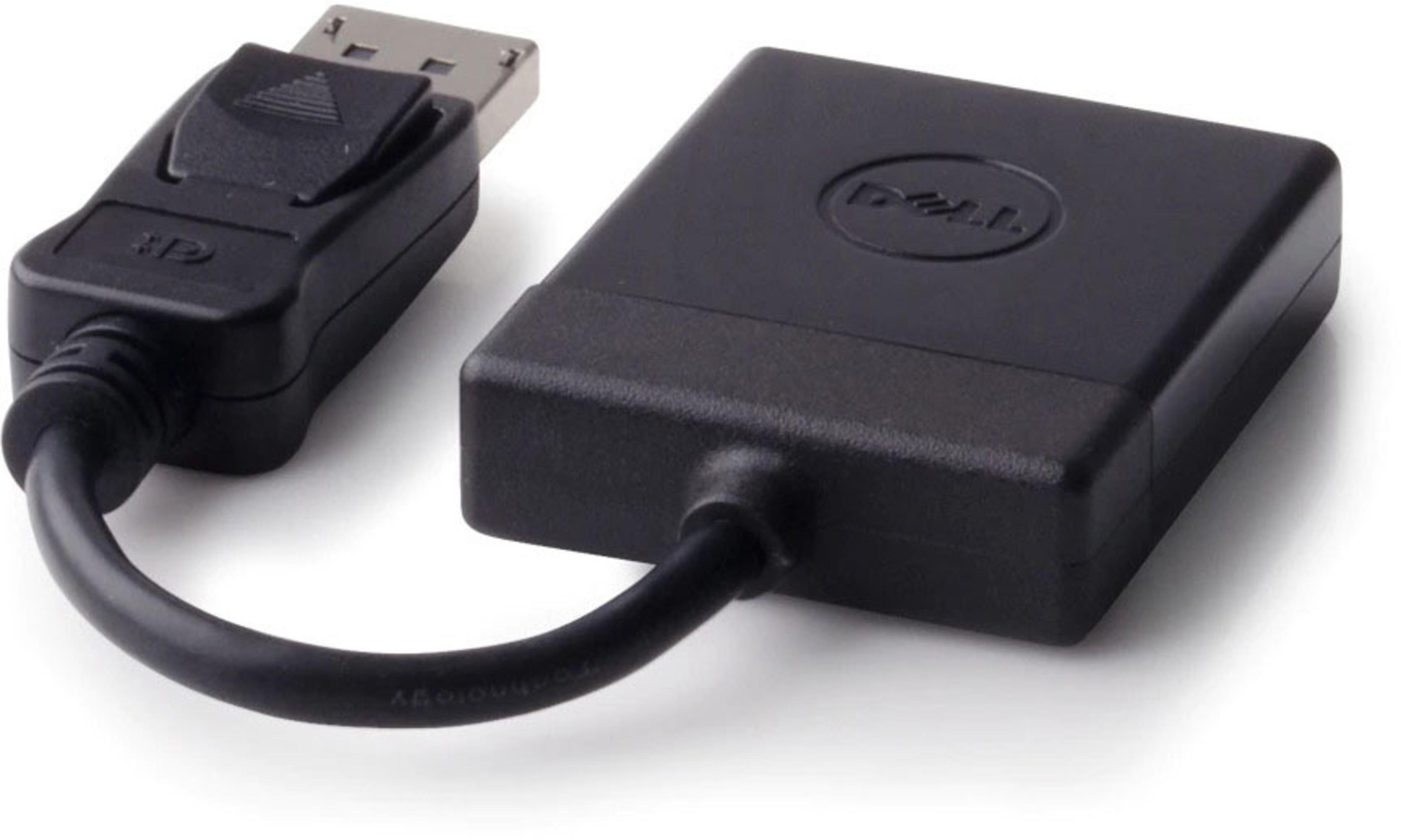 Adaptador Dell negro con DisplayPort y conector cuadrado, conectado por un cable corto.