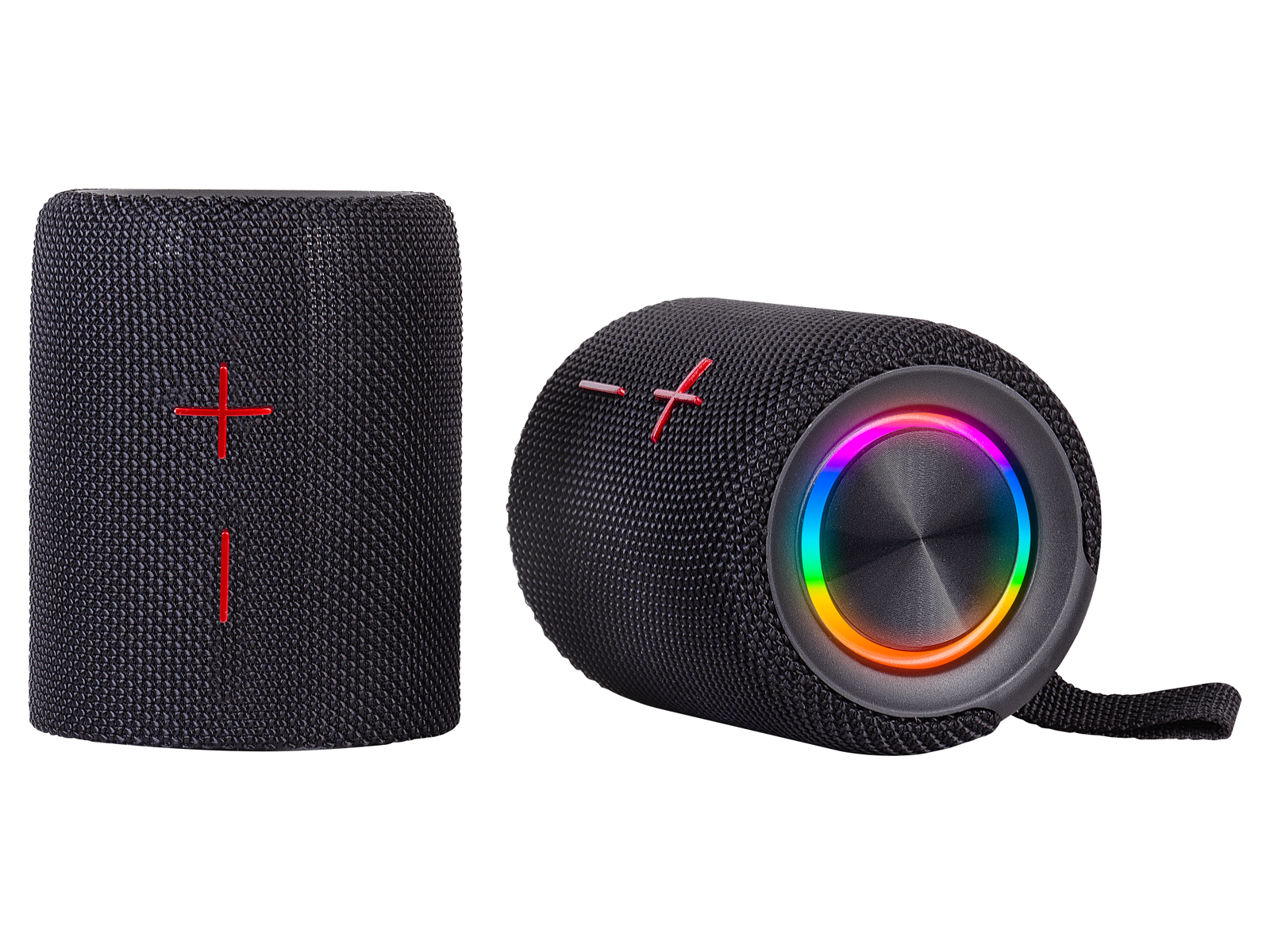 Dwa czarne głośniki, jeden pionowy i jeden poziomy, z czerwonymi znakami plus i pierścieniami świetlnymi.
