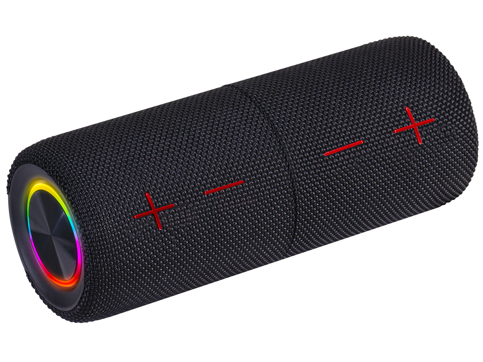 Czarny głośnik cylindryczny z czerwonymi znakami plus i kolorowym pierścieniem świetlnym.