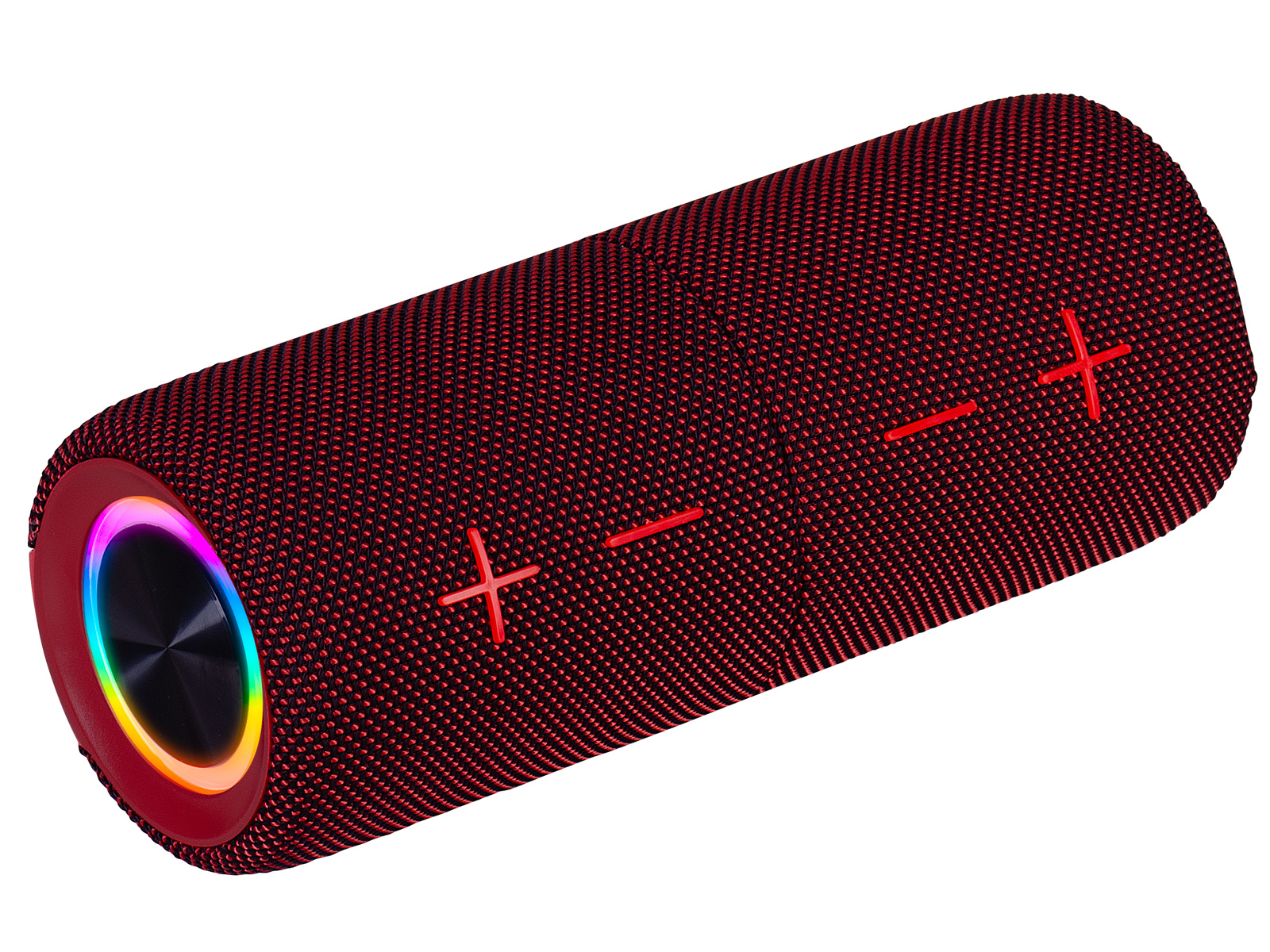 Altoparlante cilindrico rosso e nero con pulsanti di controllo e anello luminoso colorato.
