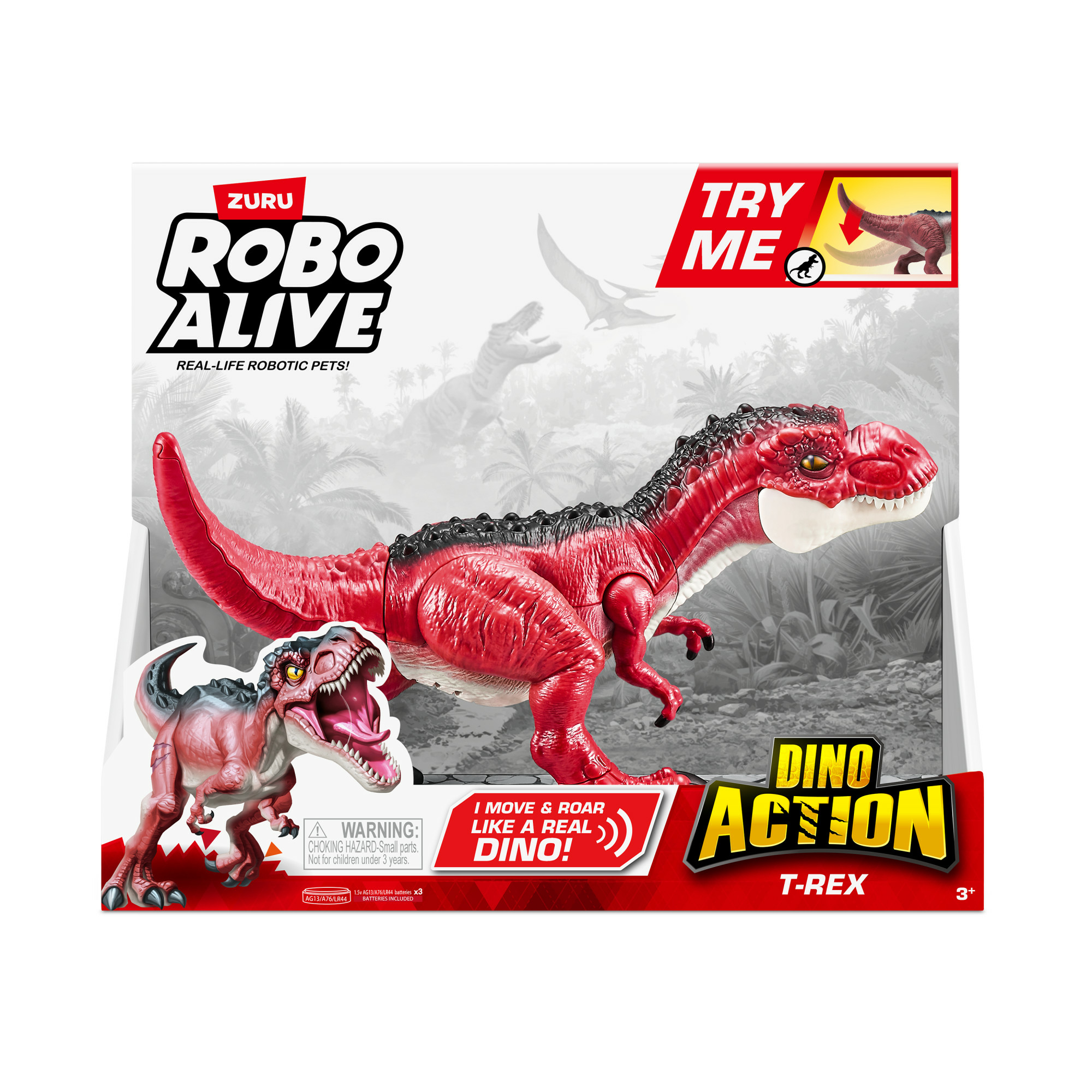 Un juguete T-Rex en una caja, rojo con detalles negros, con un dino más pequeño a la izquierda.