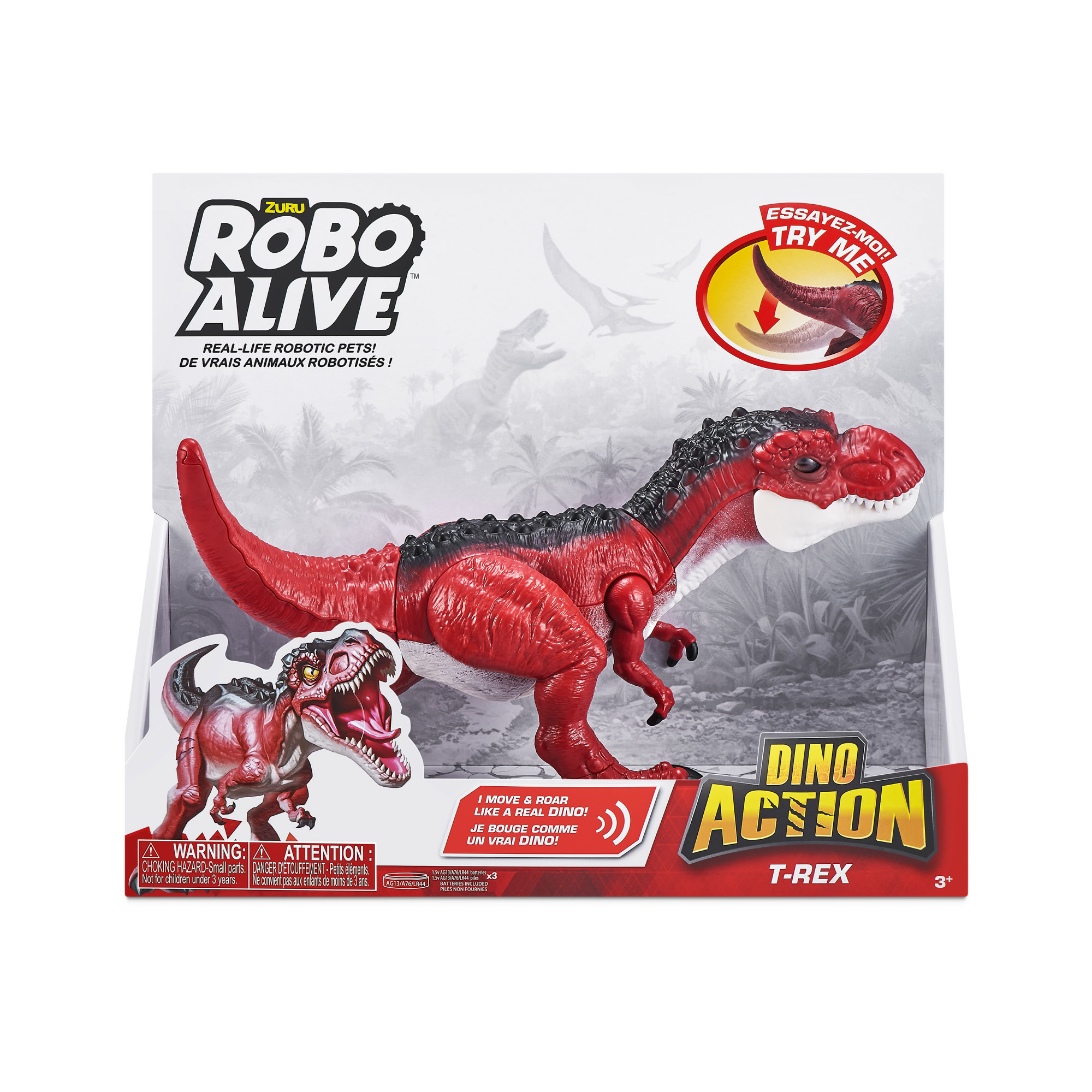 Juguete de dinosaurio T-Rex rojo en una caja. La caja tiene una imagen de T-Rex.