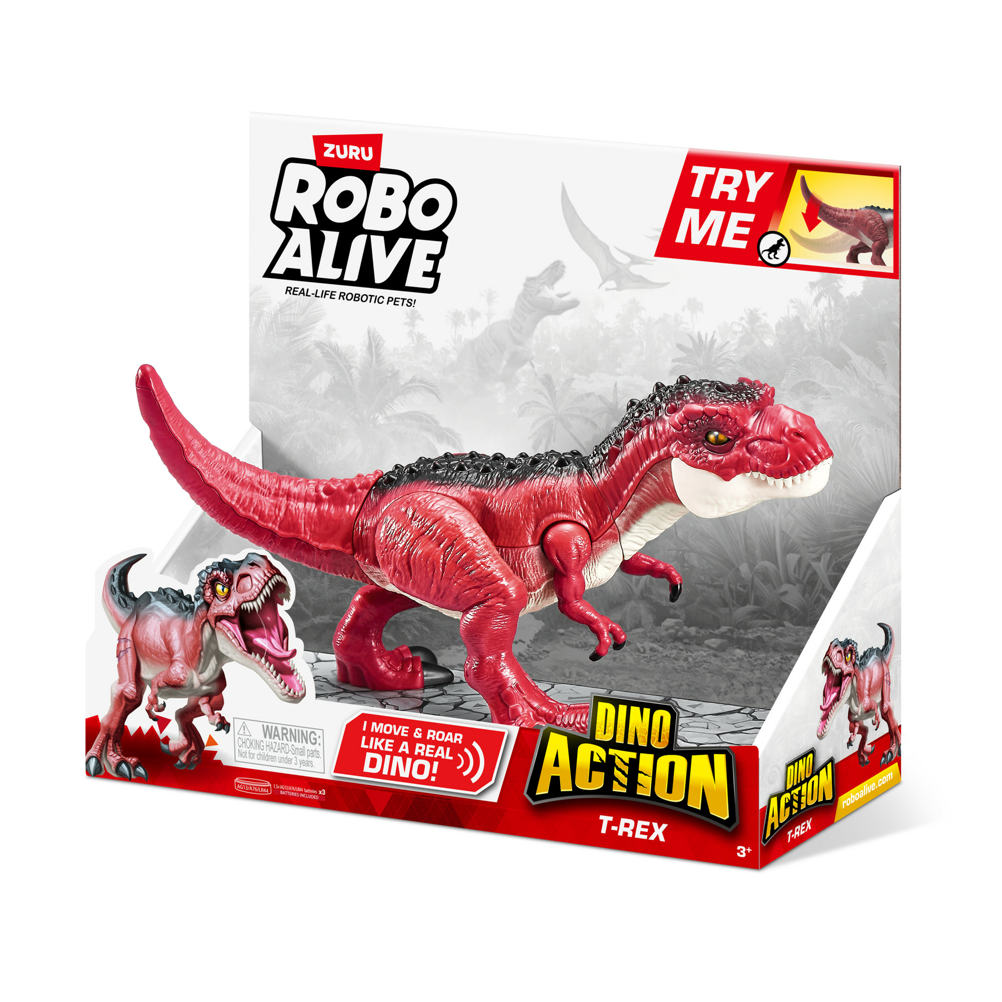 Juguete de dinosaurio T-Rex rojo en una caja. La caja tiene una imagen de T-Rex.