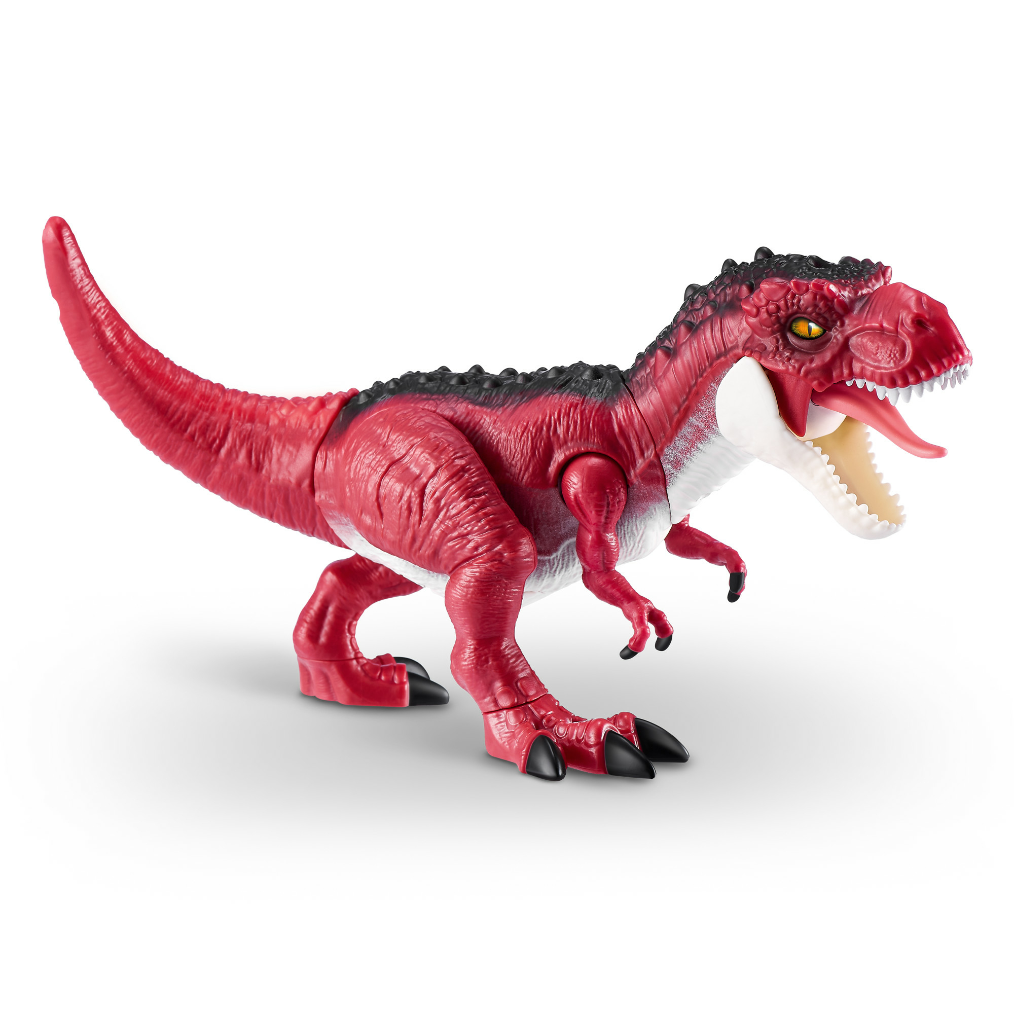 Un juguete T-Rex rojo con detalles negros, de pie, boca abierta, sobre fondo blanco.