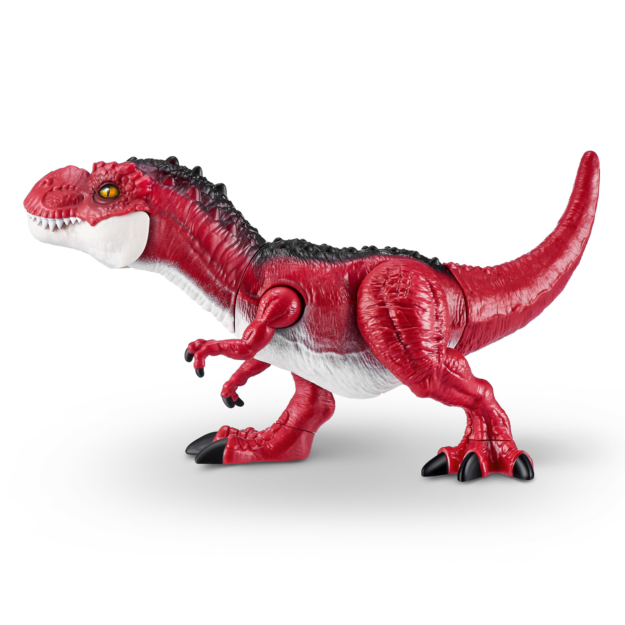 Un juguete T-Rex rojo, de pie, con detalles negros, boca abierta, sobre fondo blanco.