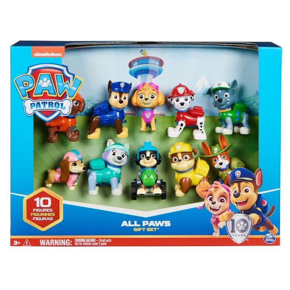 Doos met Paw Patrol speelgoedfiguren. Tien verschillende gekleurde honden worden getoond.