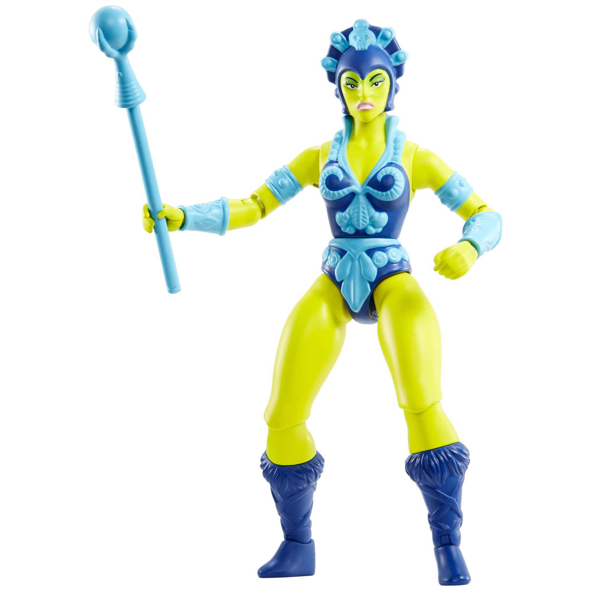 Gelbhäutige Actionfigur einer Frau in blauer Rüstung, die einen blauen Stab hält.
