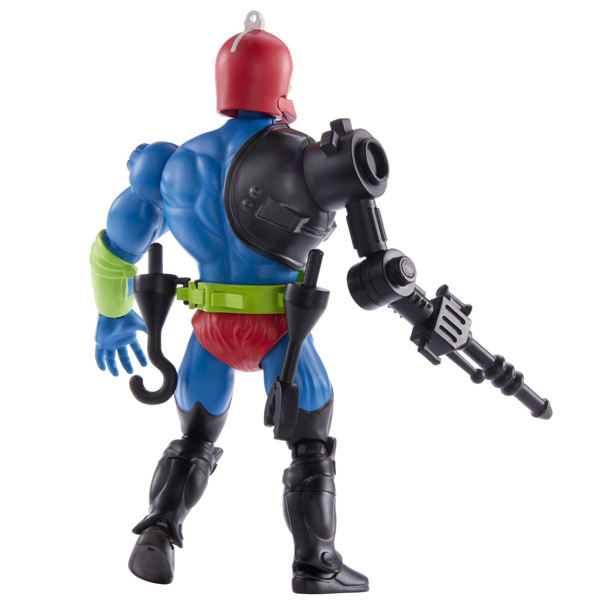 Rückansicht einer blauhäutigen Actionfigur mit rotem Helm und mechanischem Arm.