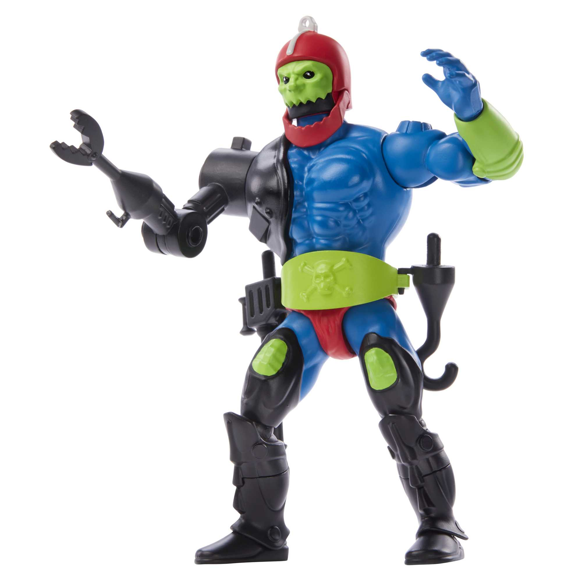 Actionfigur mit grünem Gesicht, rotem Helm und mechanischem Arm mit Haken.