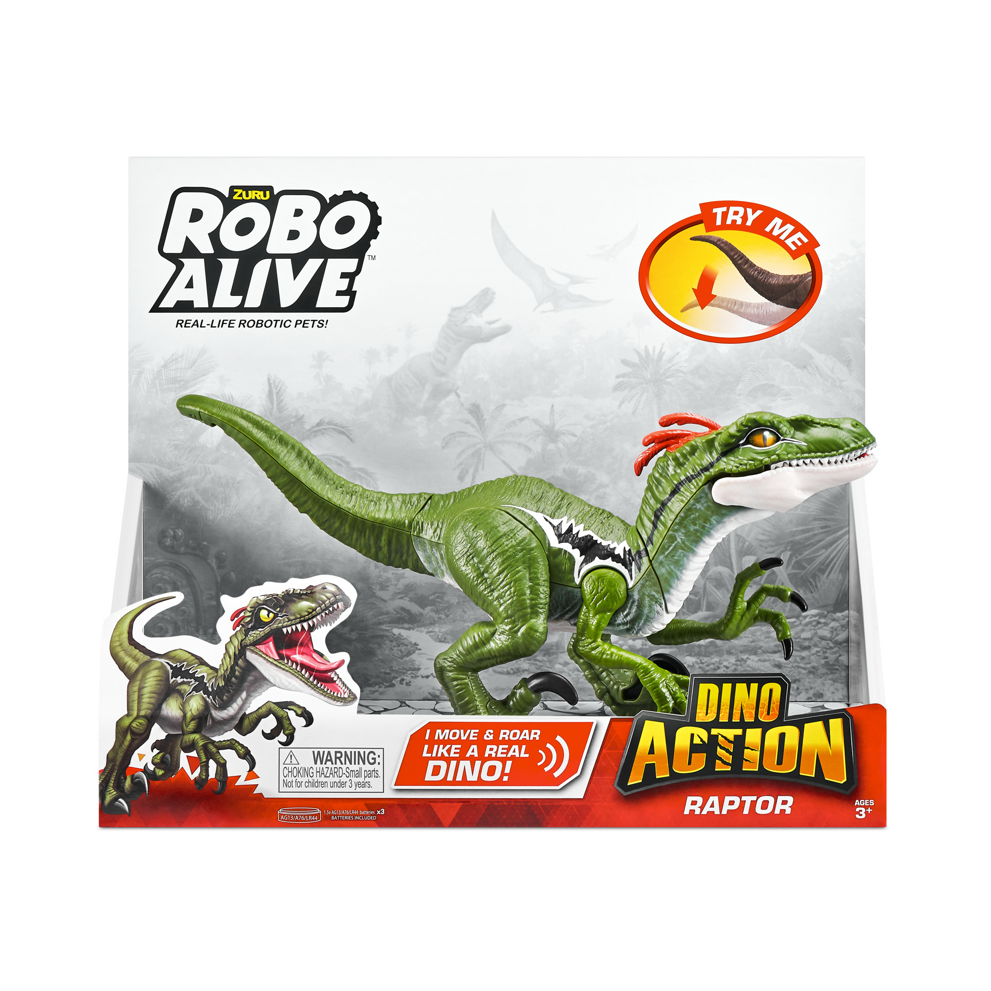 Dinosauro giocattolo verde su una scatola. La scatola ha le parole 'Robo Alive' e 'Dino Action'.