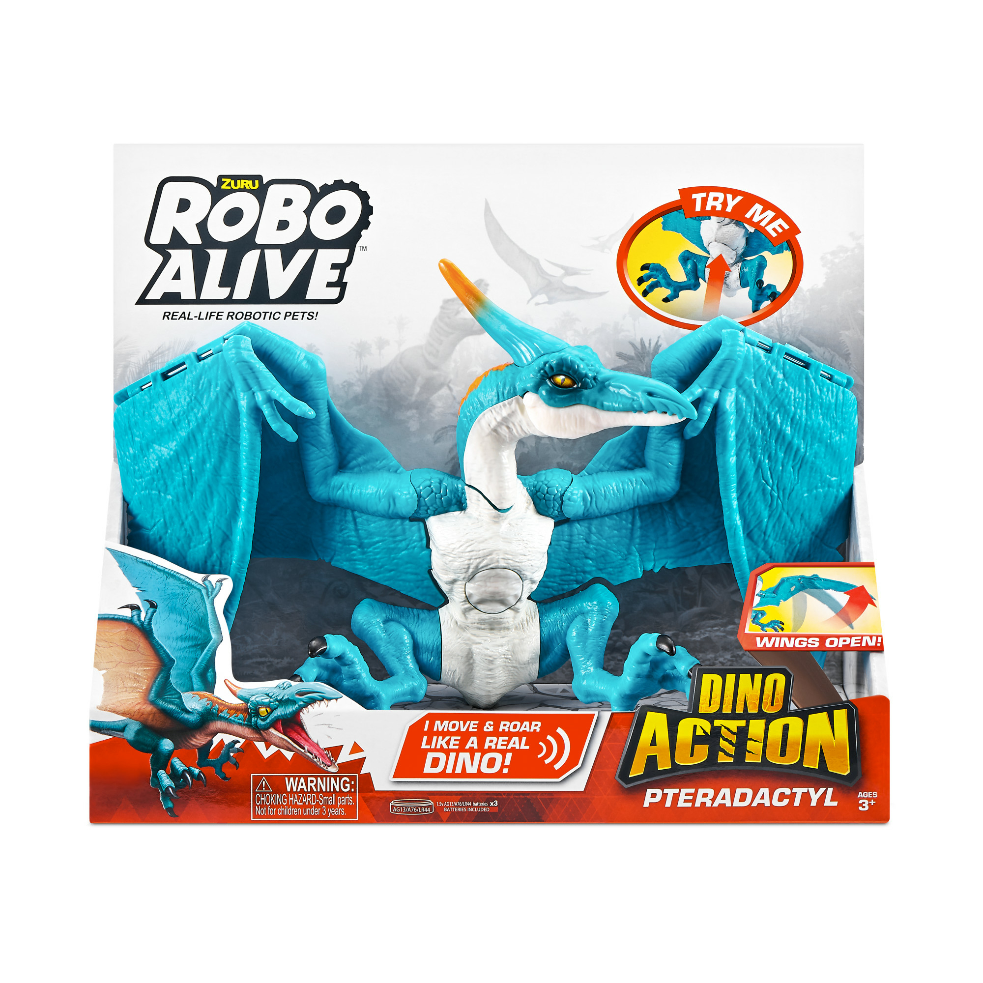 Ein blaues Pterodactylus-Spielzeug in einer Box, mit geöffneten Flügeln und den Worten 'Dino Action Pterodactyl'.