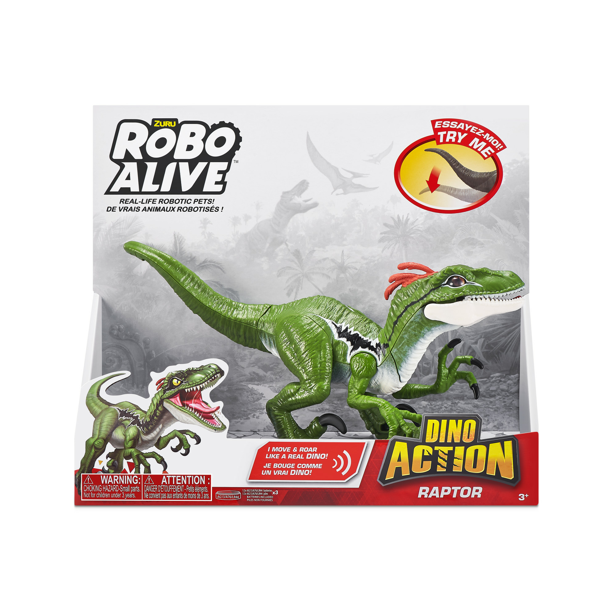 Un giocattolo di dinosauro verde in una scatola con le parole 'Robo Alive', con una grafica di dinosauro verde e rosso.
