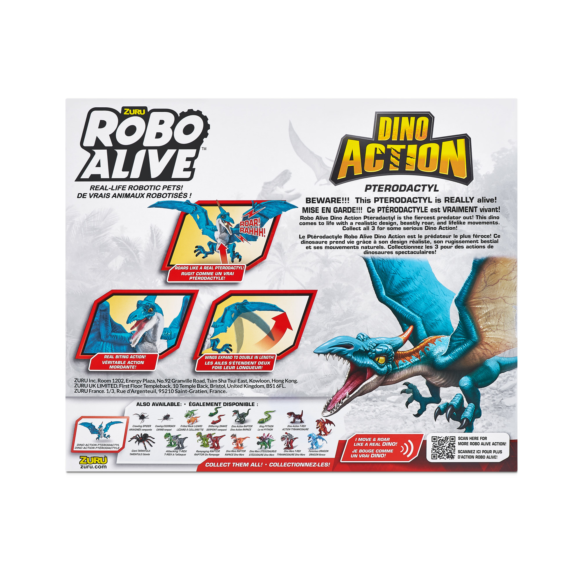 Eine Produktbox mit Bildern eines blauen Pterodaktylus-Spielzeugs, mit Text in mehreren Sprachen.
