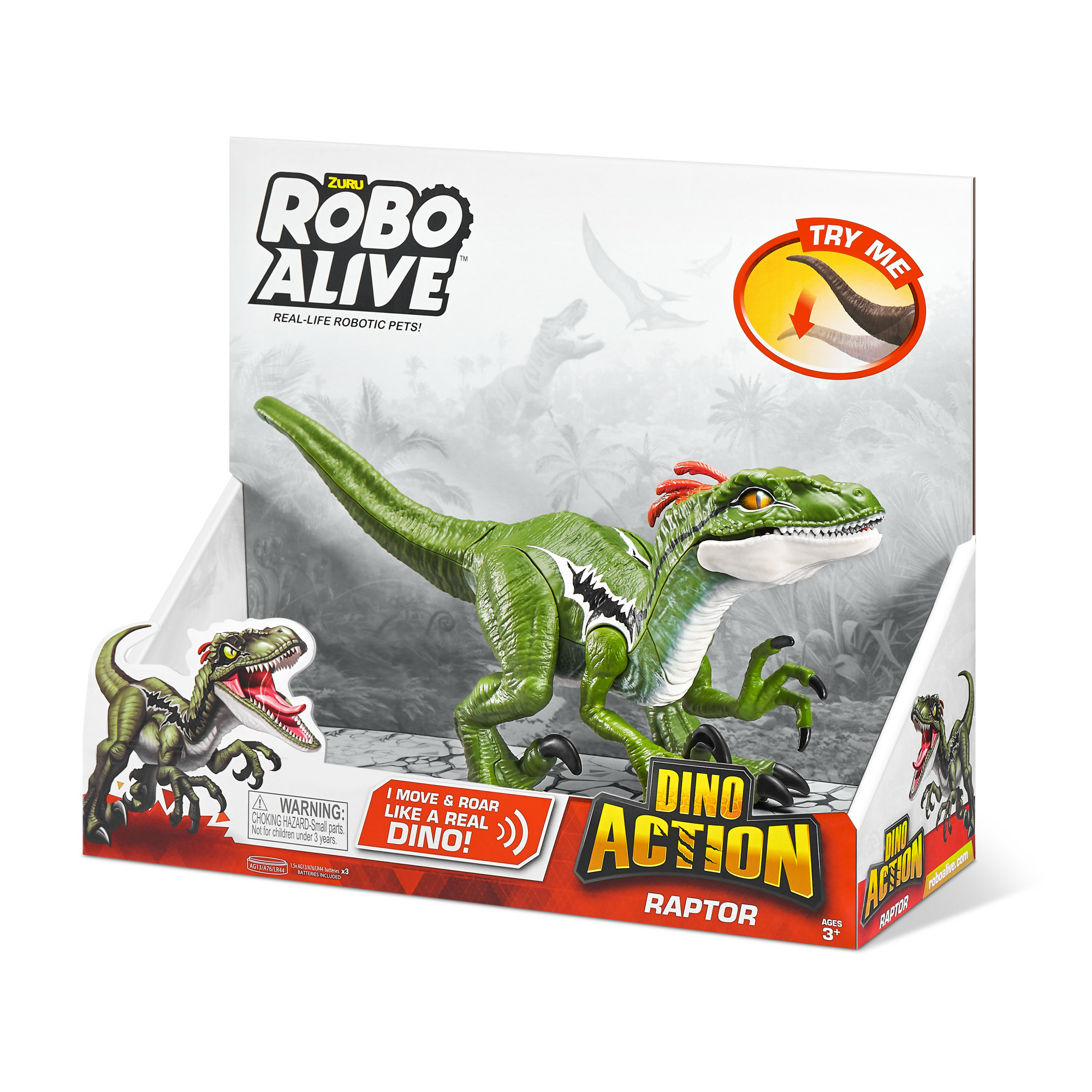 Un dinosauro giocattolo verde in una scatola con le parole 'Robo Alive' e 'Dino Action'.
