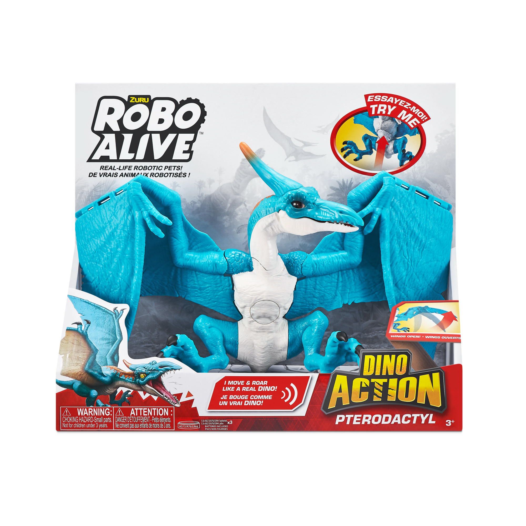 Ein blaues Pterodaktylus-Spielzeug in einer Box mit den Worten 'Robo Alive' und 'Dino Action'.