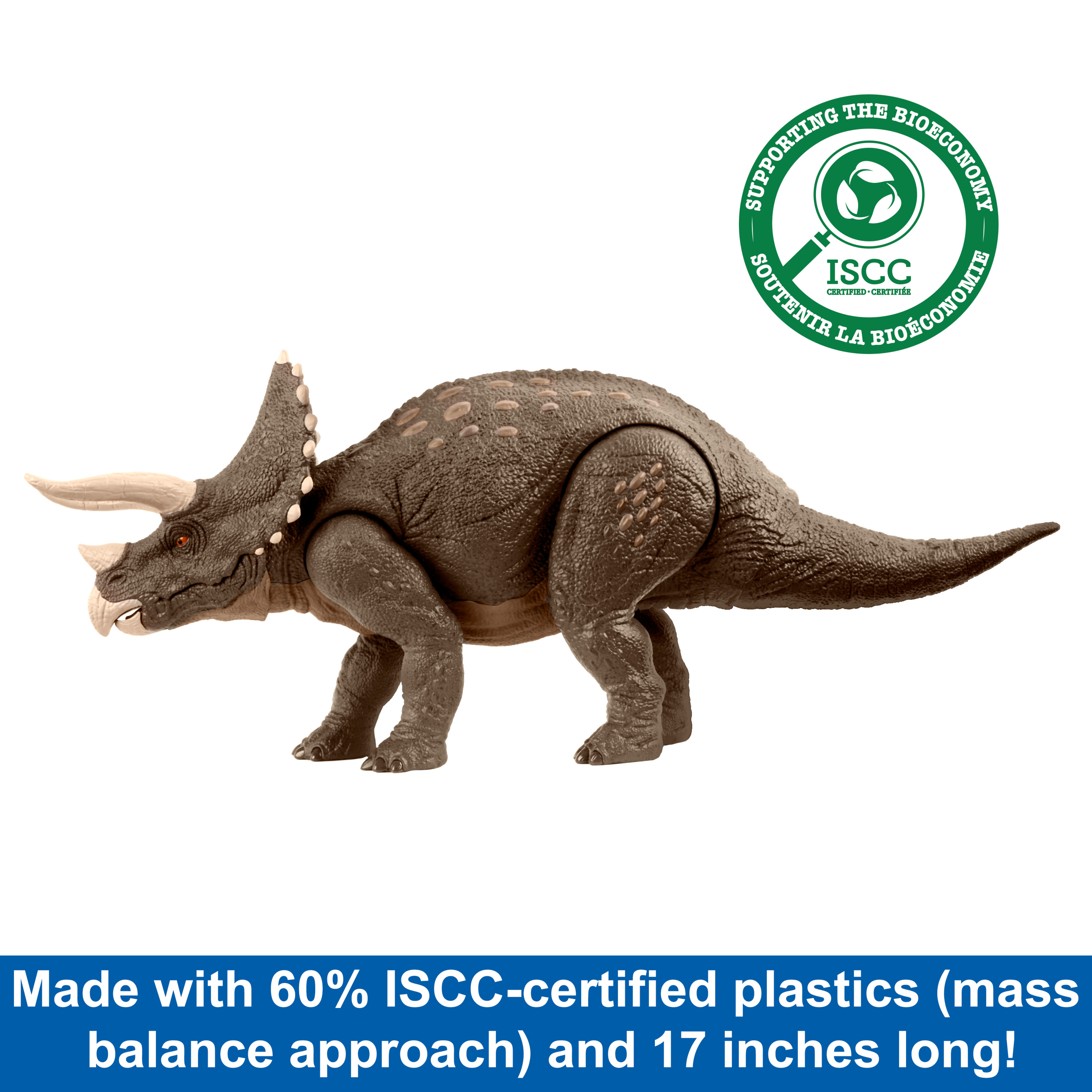 Un giocattolo di triceratopo grigio, con testo sulle plastiche certificate ISCC, su sfondo bianco.