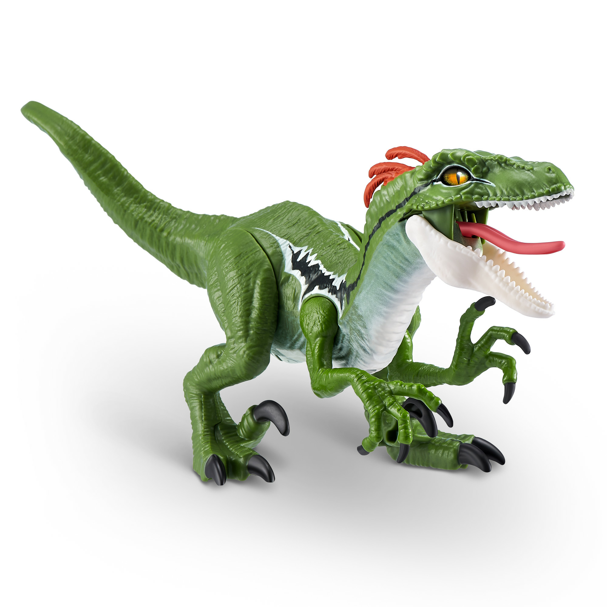 Un dinosauro giocattolo verde con una lunga coda, bocca aperta e lingua rossa, su una superficie bianca.