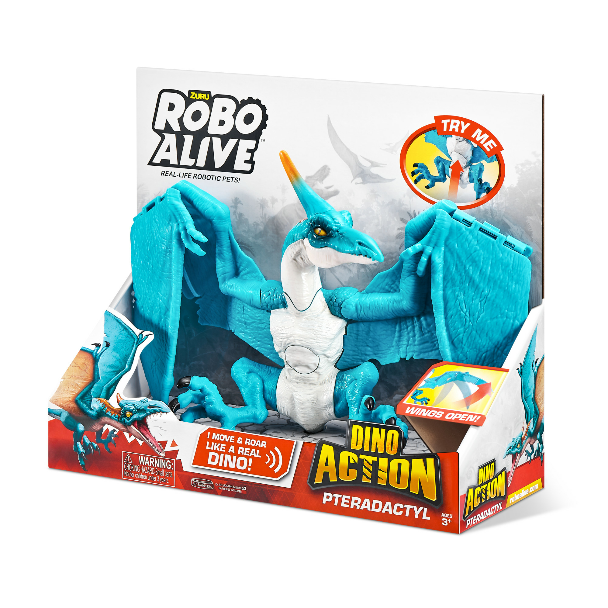 Ein blaues Pterodaktylus-Spielzeug in einer Box mit den Worten 'Robo Alive' und 'Dino Action'.