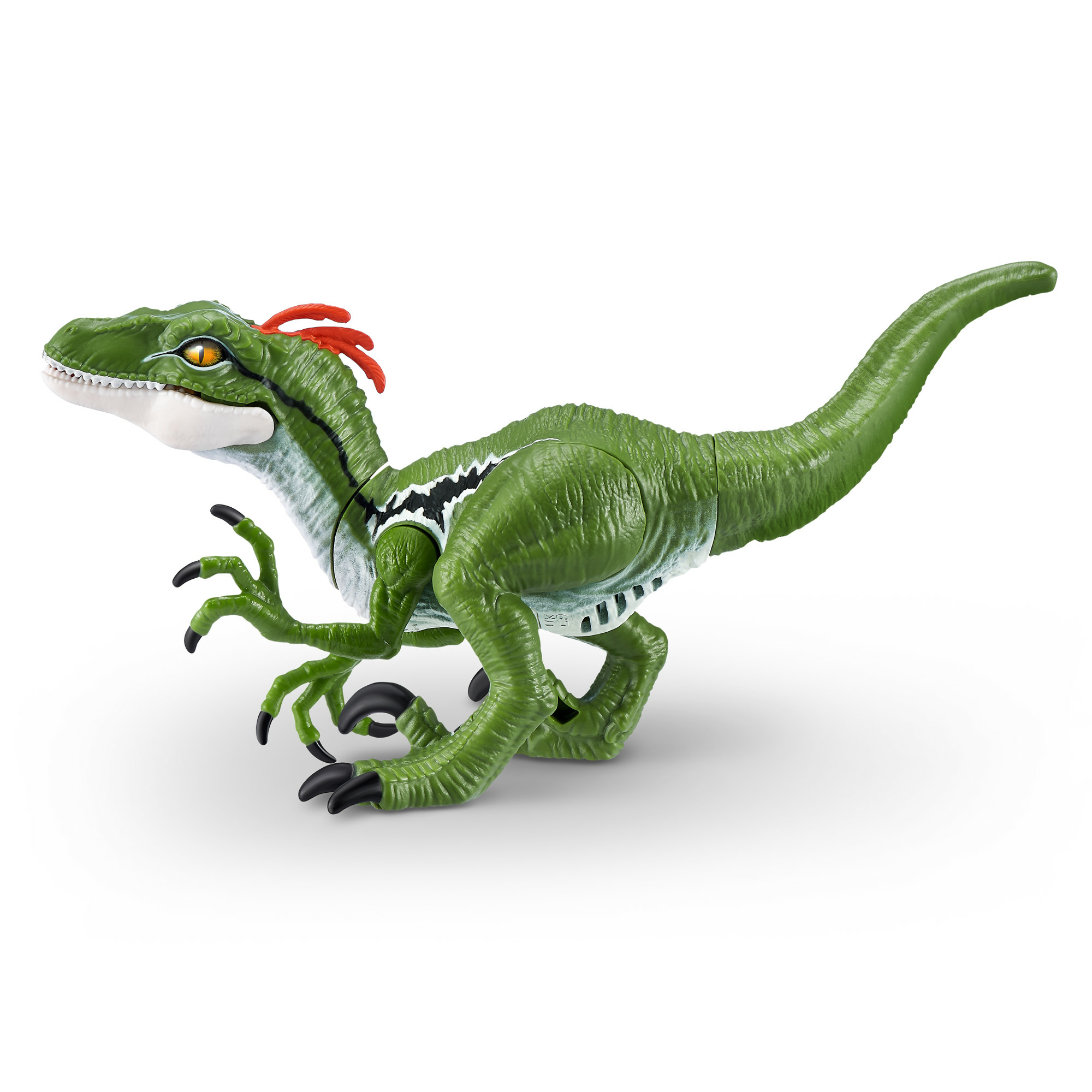 Un dinosauro giocattolo verde con una lunga coda, bocca aperta e lingua rossa, su una superficie bianca.