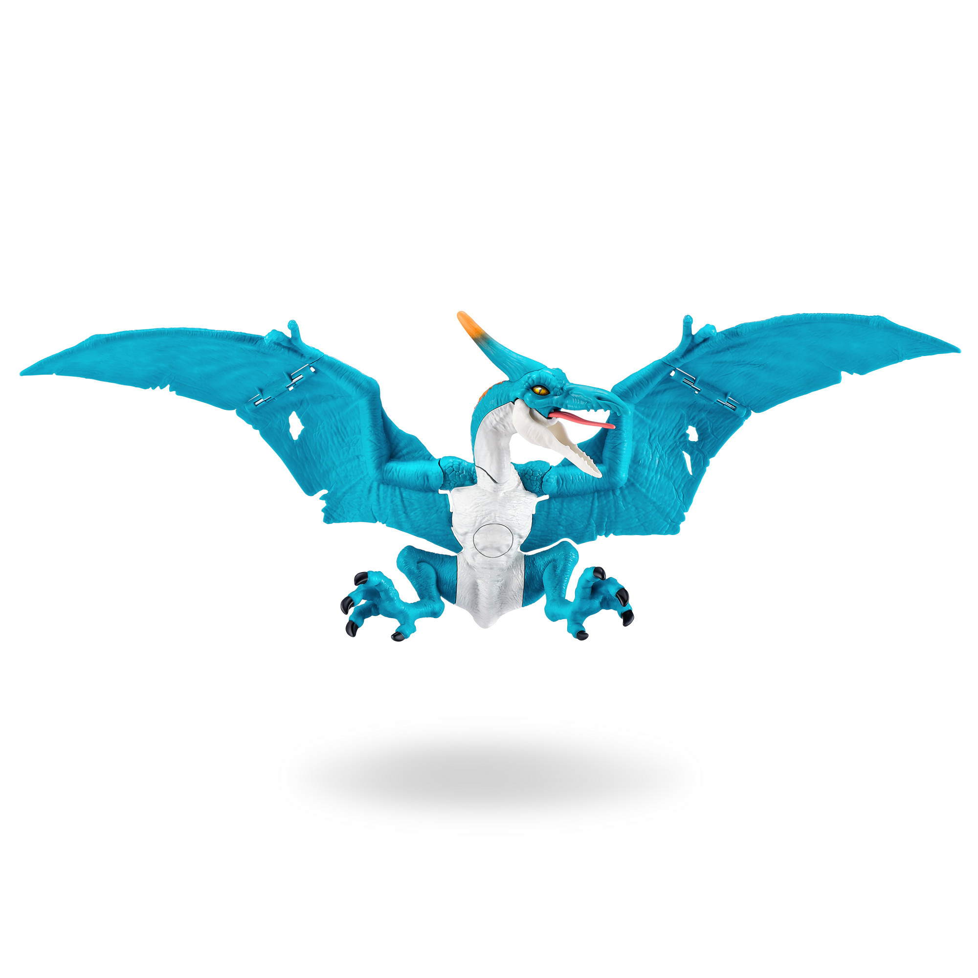 Ein blaues Pterodaktylus-Spielzeug mit geöffneten Flügeln, vor weißem Hintergrund.