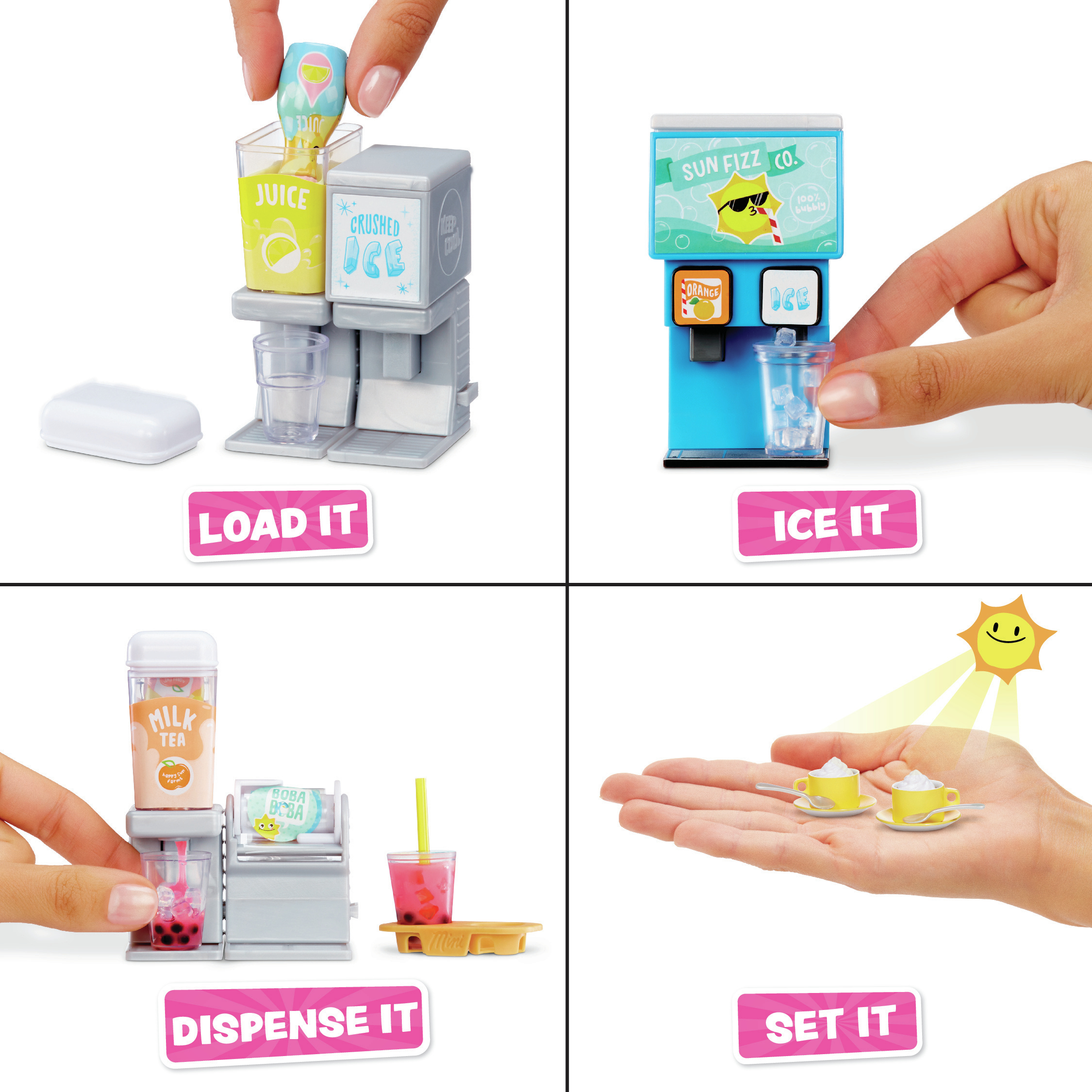 Seria zabawek automatów do napojów. Każda maszyna ma inną funkcję i komponenty.