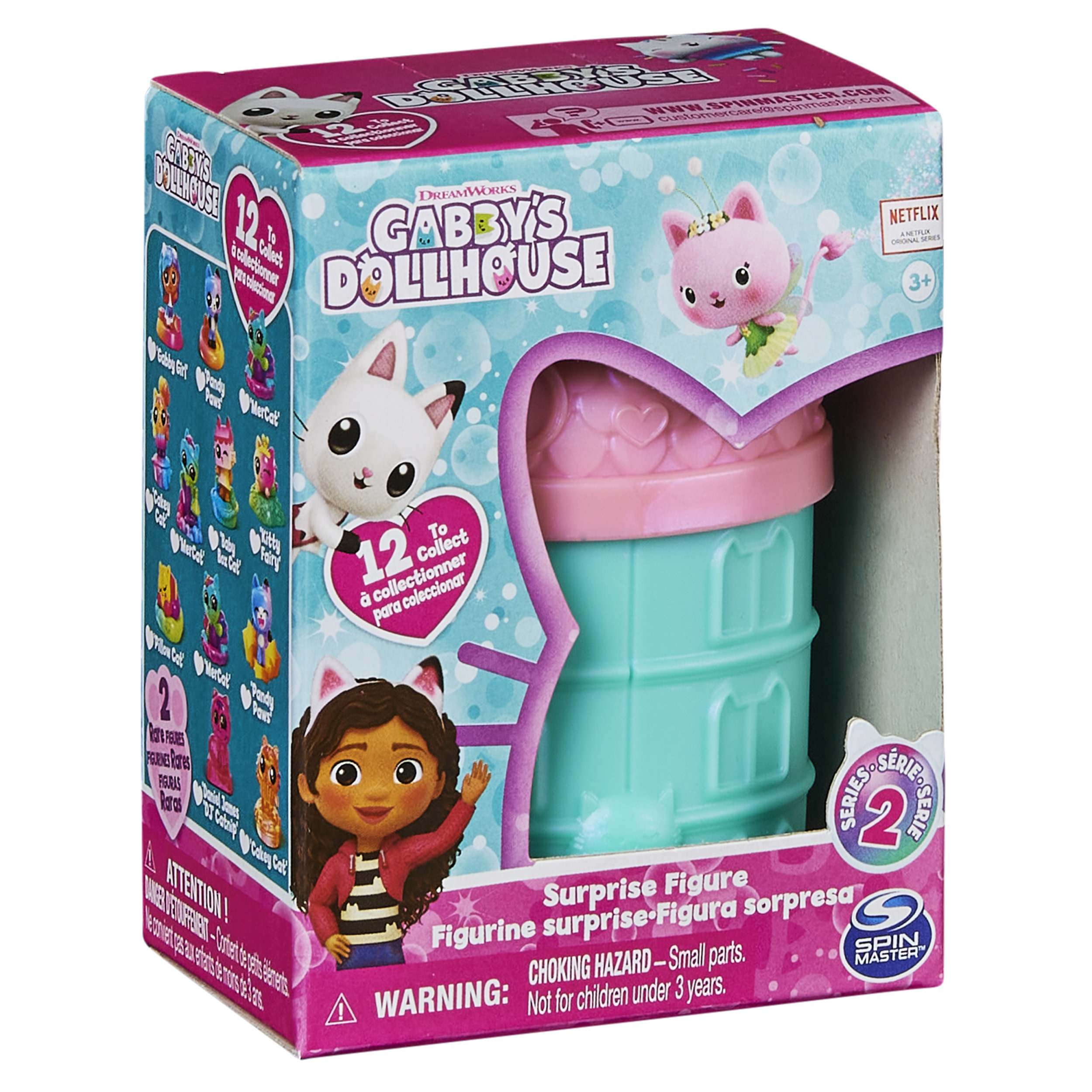 Pudełko z obrazkiem Gabby's Dollhouse. Różowy i niebieski pojemnik z kotowatą górą w środku.
