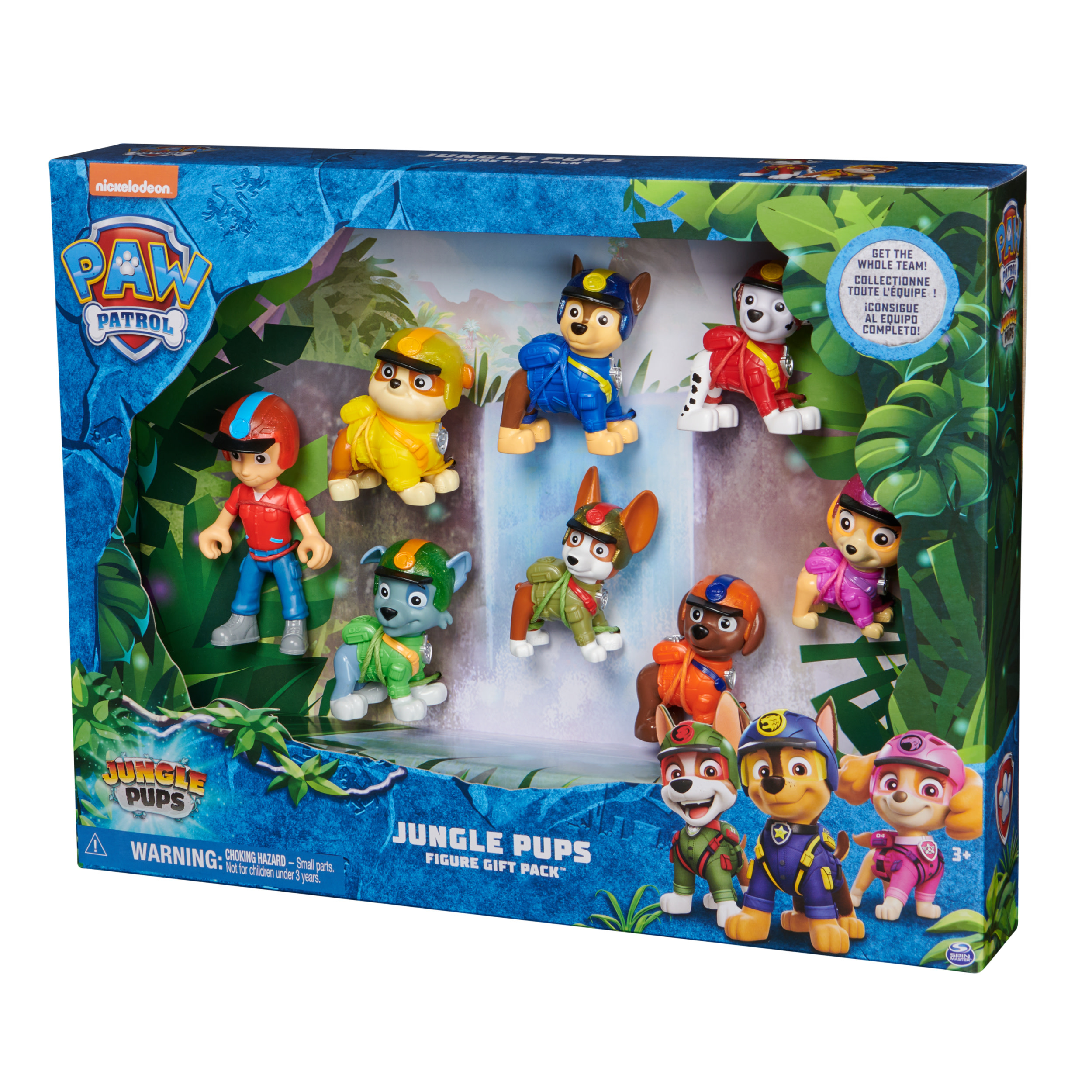 Pudełko z zabawkami Paw Patrol Jungle Pups. Widoczne są liczne figurki. Zielony i niebieski.