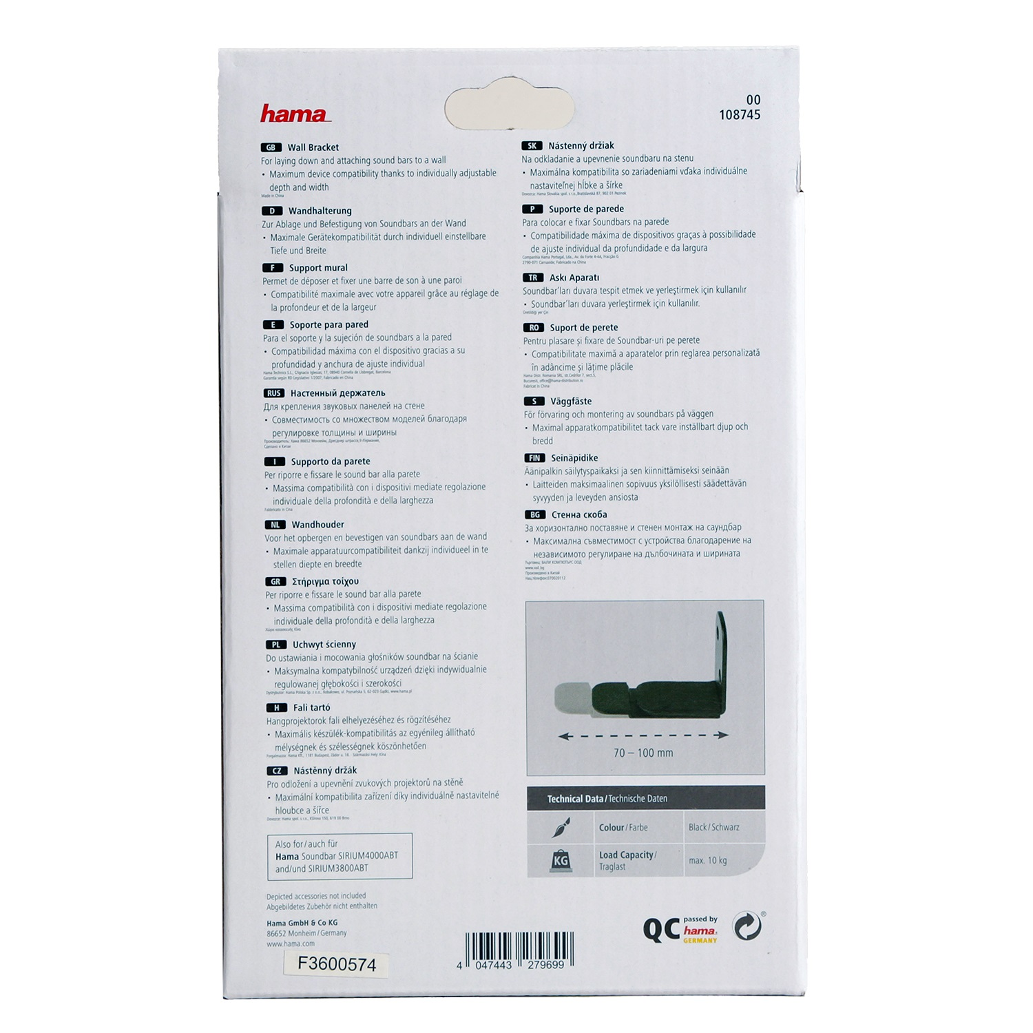 Eine Produktbeschreibung in mehreren Sprachen auf weißem Hintergrund. Das Hauptprodukt ist eine Wandhalterung.