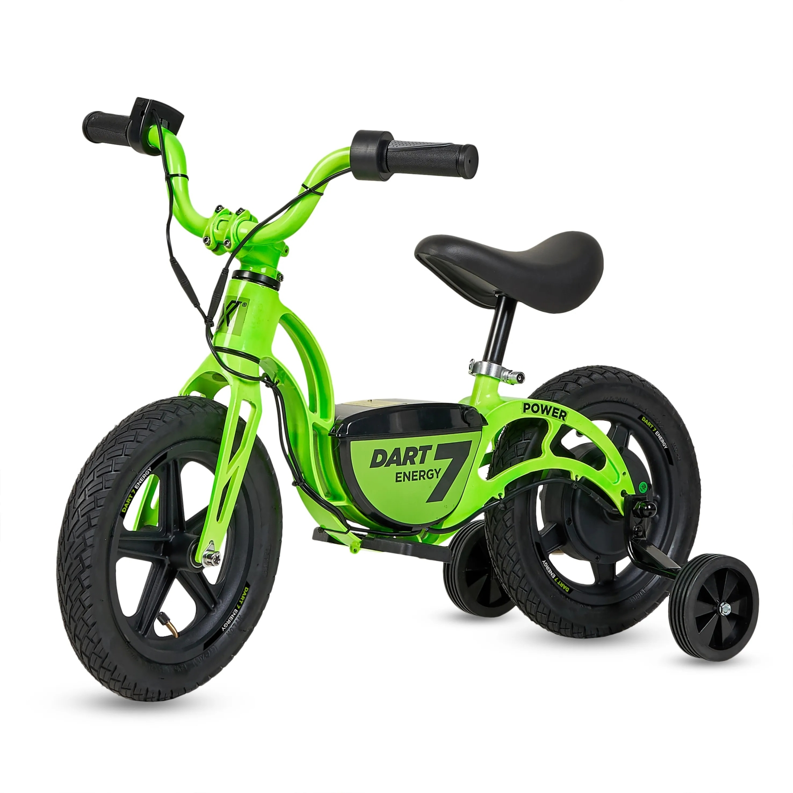 Bicicleta verde para niños con ruedines. Llantas, asiento negros y cuadro verde.