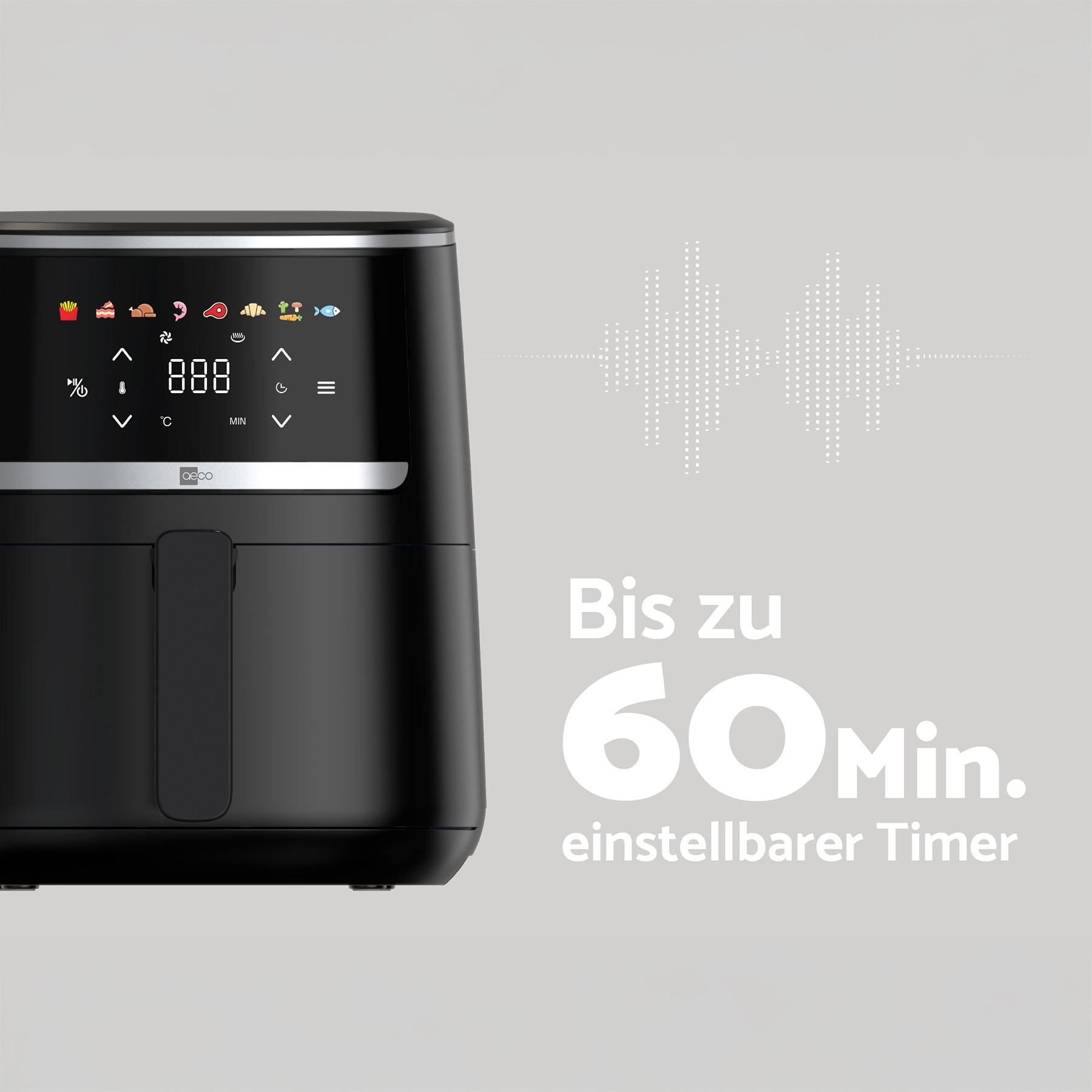 Schwarze Heißluftfritteuse mit Digitalanzeige. Text: 'Bis zu 60 Min. einstellbarer Timer'. Schallwellen-Symbol.