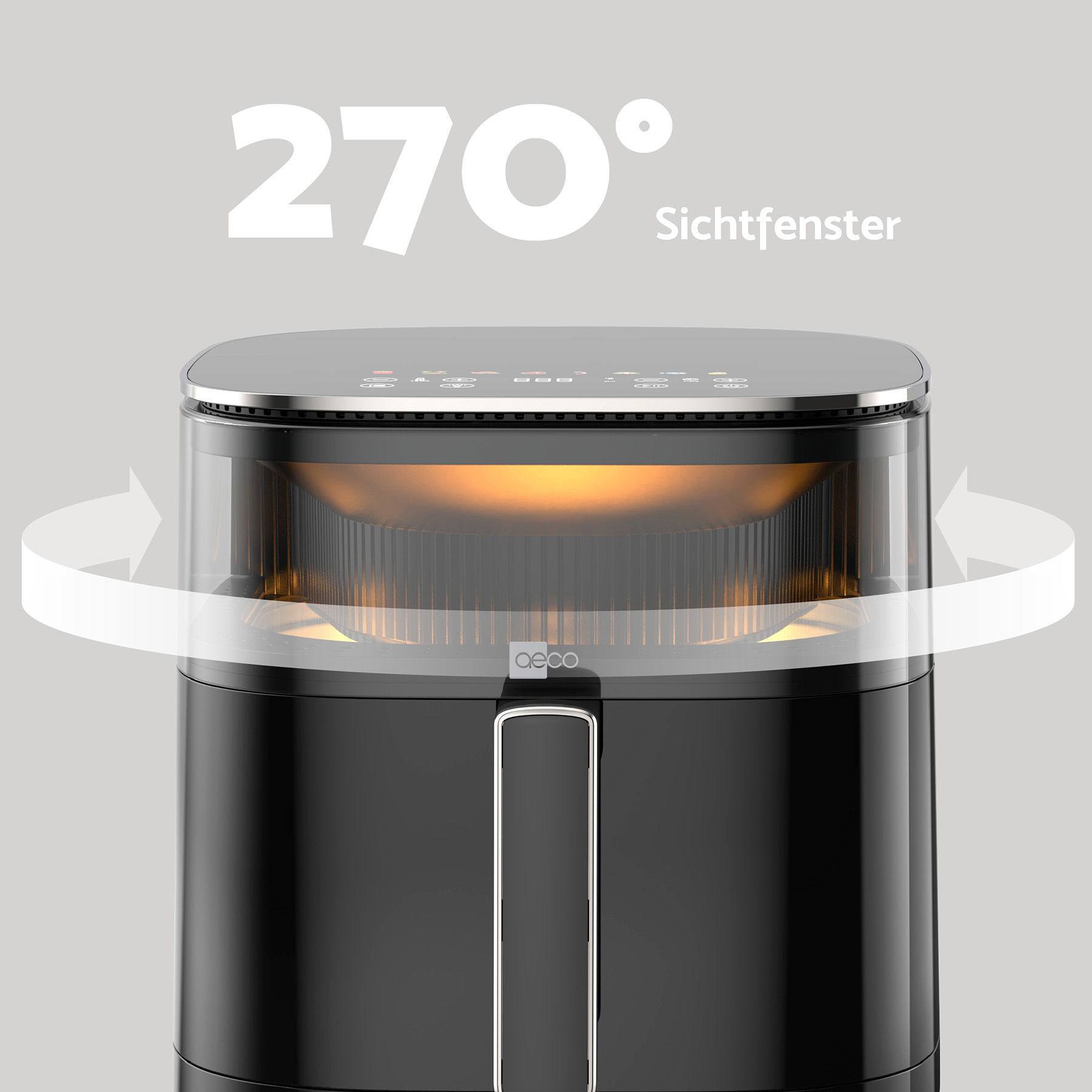 Nahaufnahme einer schwarzen Heißluftfritteuse mit transparentem Deckel und Pfeilen. Grauer Hintergrund.