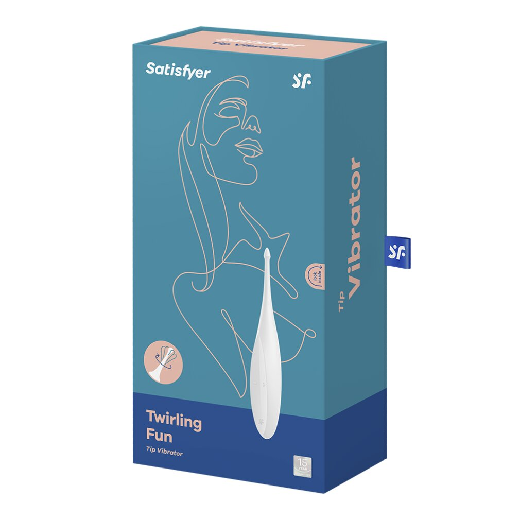 Vibrador blanco y azul en caja, la marca es Satisfyer. El producto es Twirling Fun.