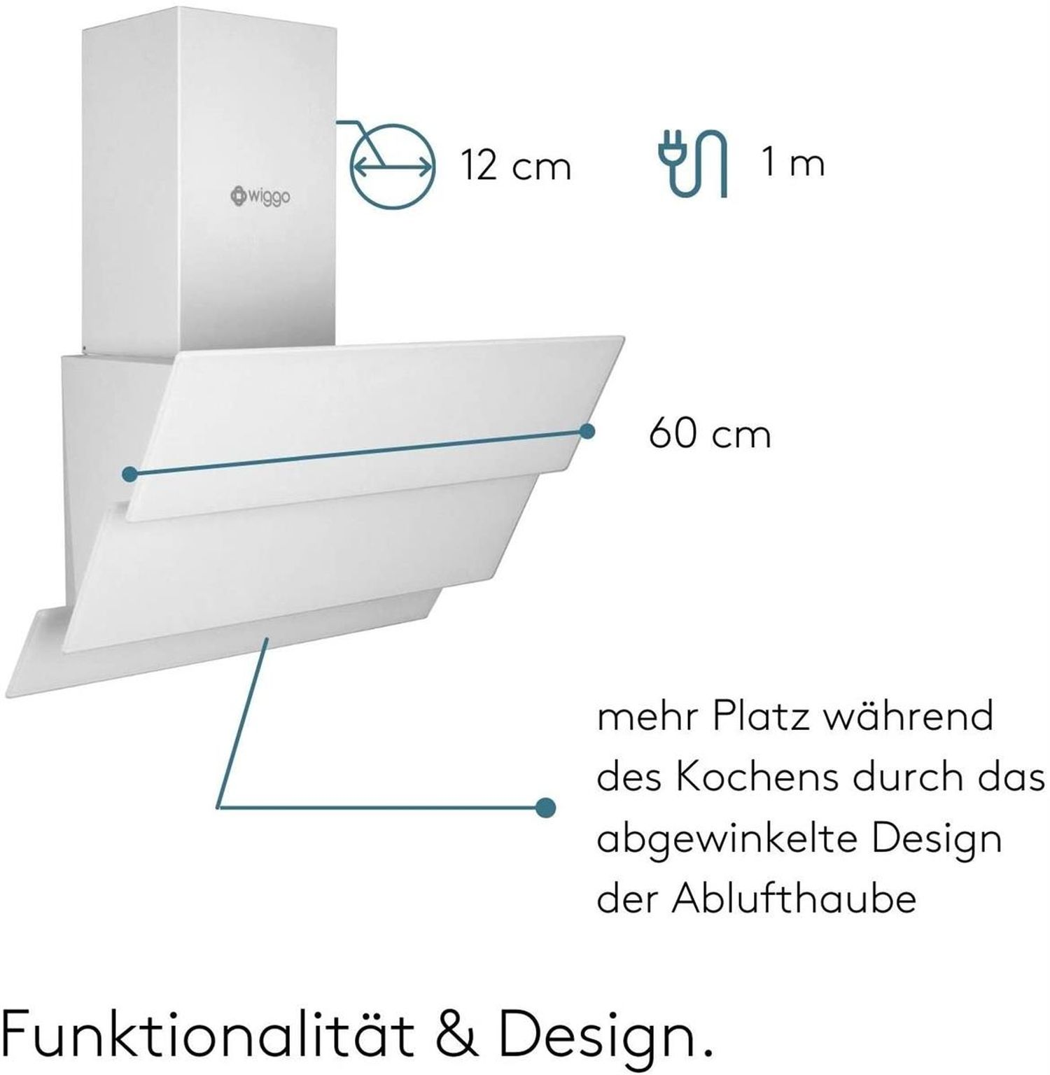 Hotte aspirante blanche avec dimensions et notes sur le design, texte en allemand.