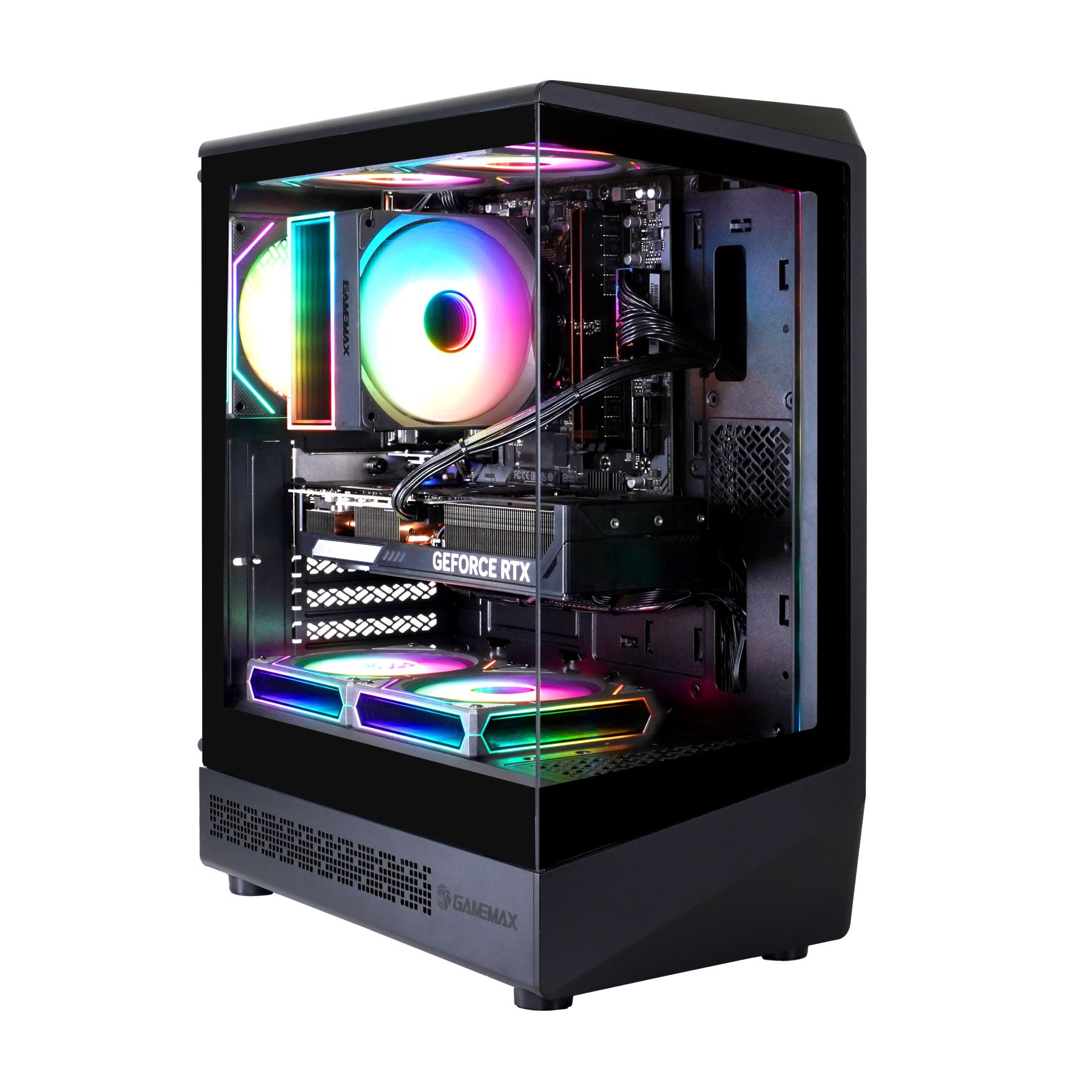 Ein Gaming-PC-Gehäuse mit sichtbaren Komponenten und bunten Lichtern. Der Hintergrund ist weiß.