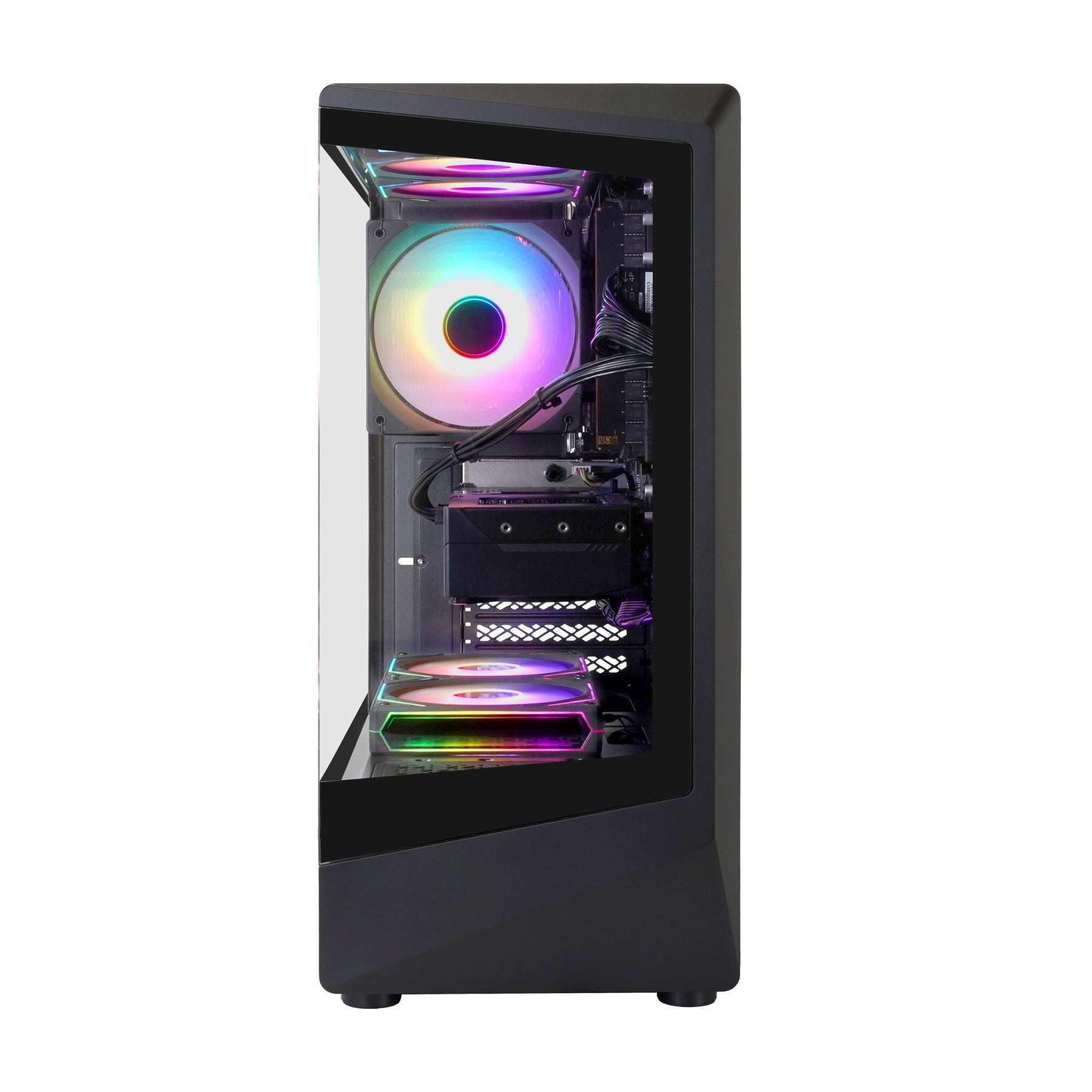 Gaming-PC-Gehäuse mit Komponenten und bunten Lichtern. Der Hintergrund ist weiß.