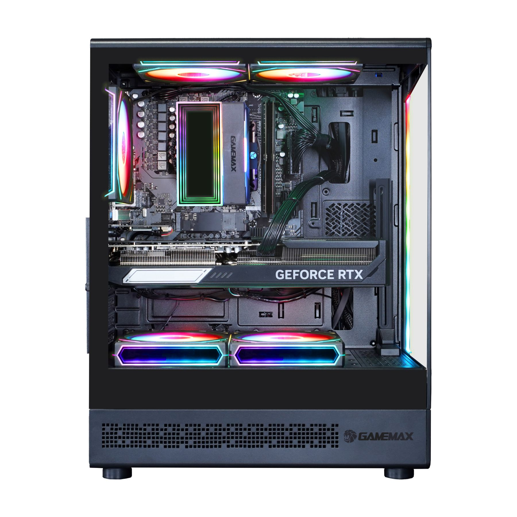 Gaming-PC-Gehäuse mit Komponenten im Inneren. Eine GeForce RTX Grafikkarte ist sichtbar. Weißer Hintergrund.