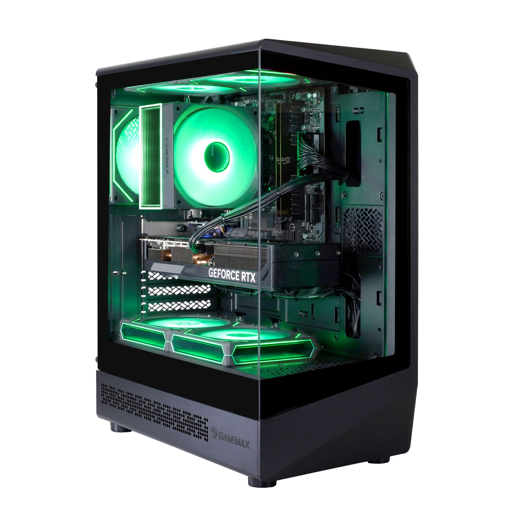 Gaming-PC-Gehäuse mit grünen Innenlichtern. Der Hintergrund ist weiß.
