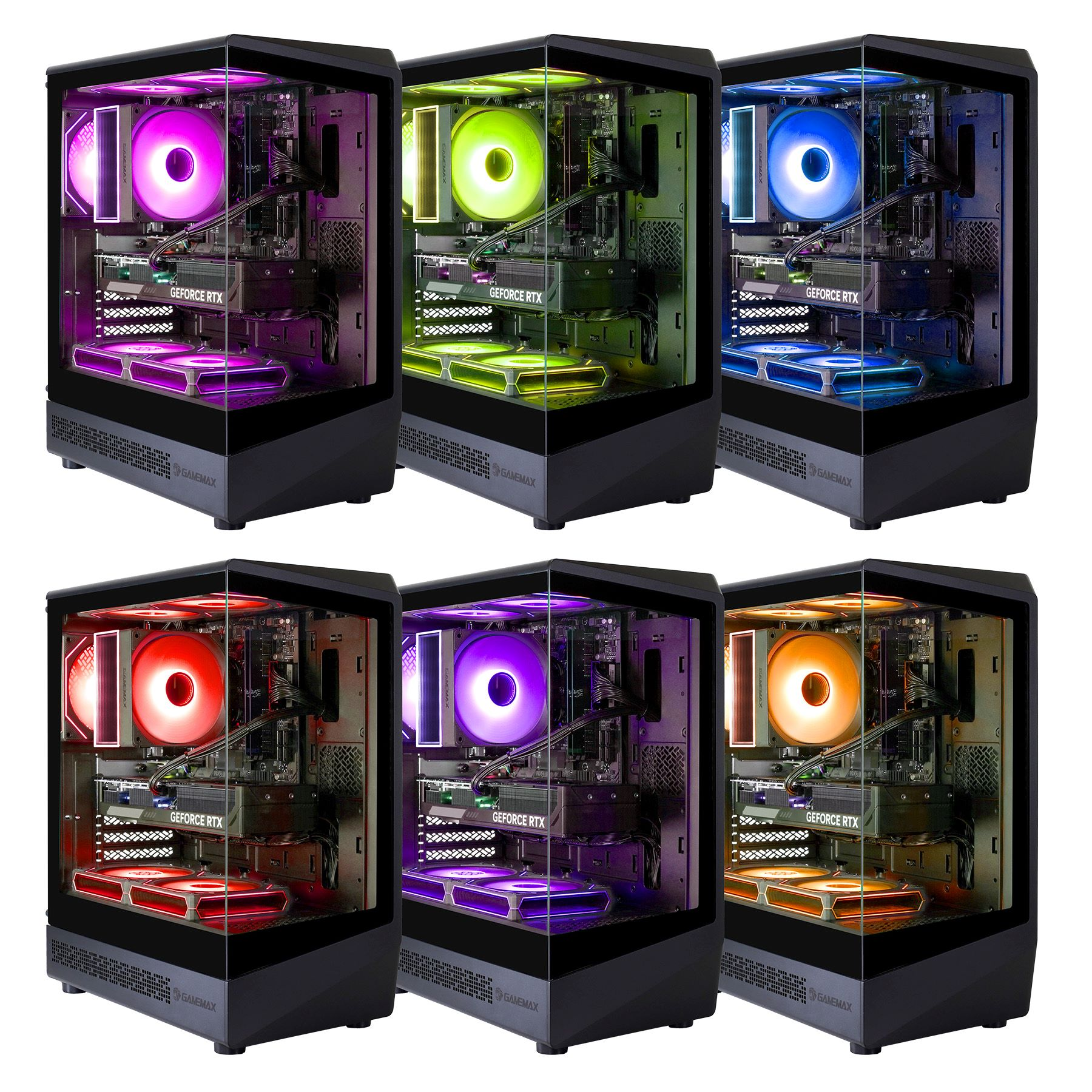 Sechs Gaming-PC-Gehäuse mit unterschiedlich farbigen Innenlichtern. Der Hintergrund ist weiß.