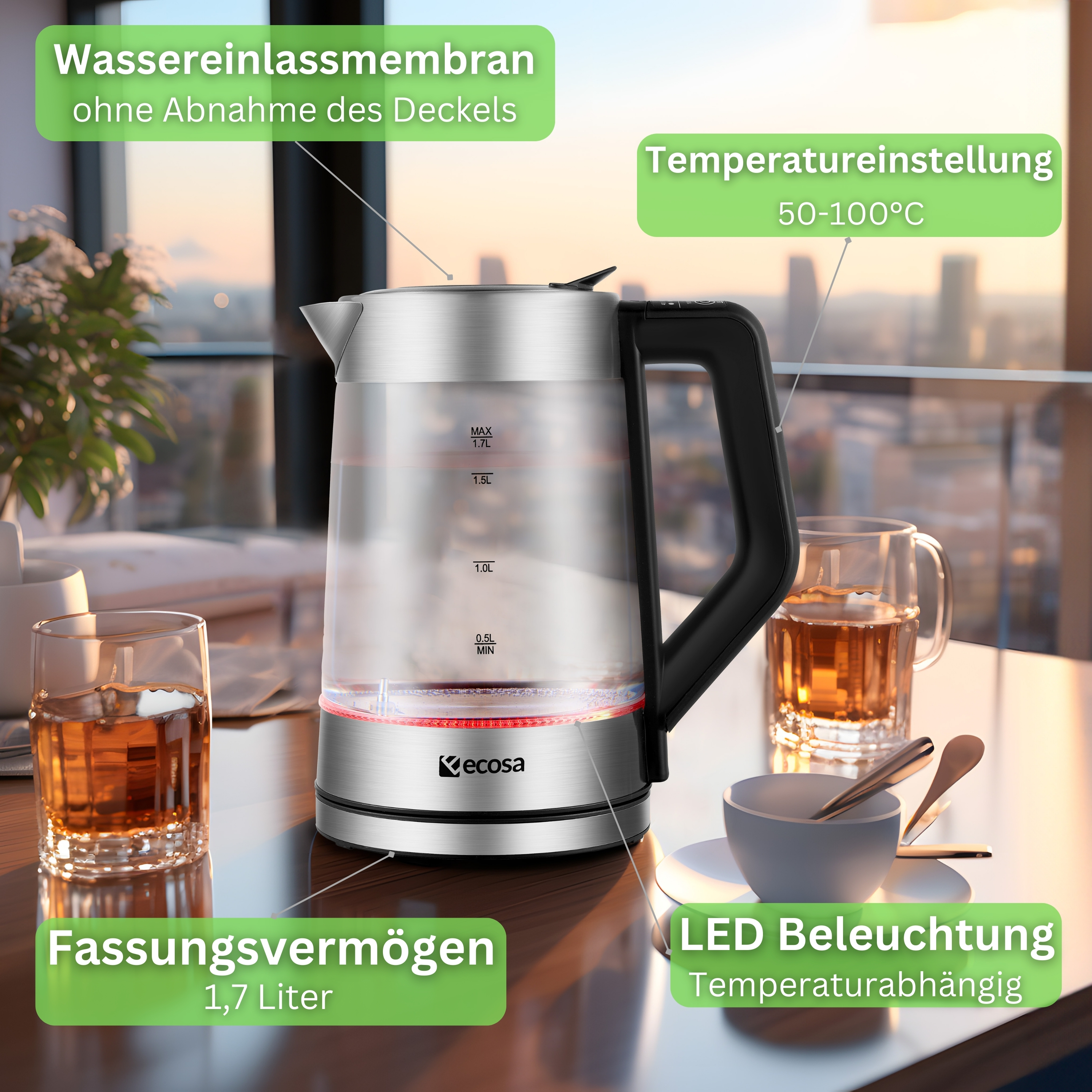 Ein elektrischer Glas-Wasserkocher mit schwarzem Griff und rotem Licht am Boden. Textbeschriftungen sind vorhanden.