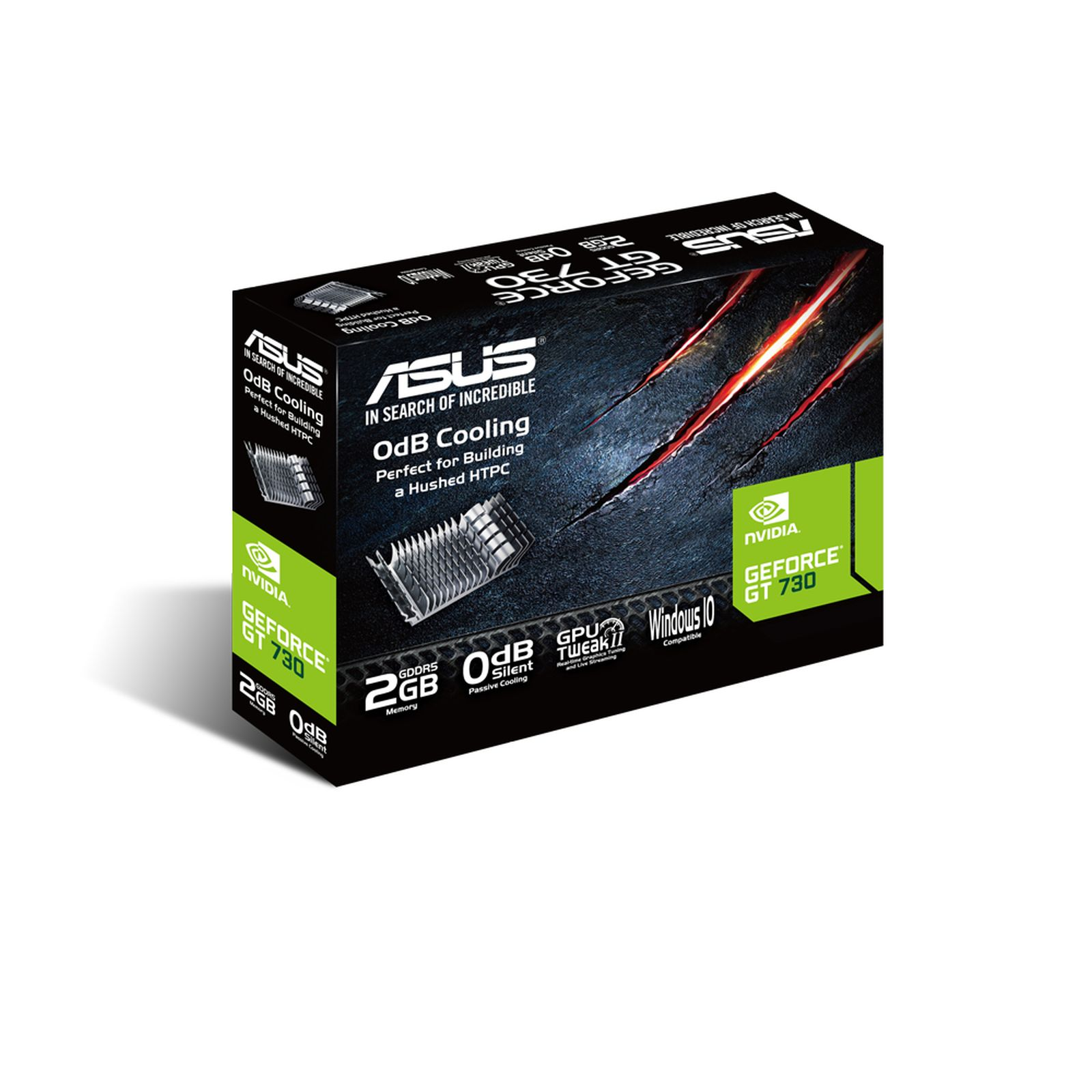 Scatola nera e verde con logo ASUS, NVIDIA GeForce GT 730 e 2GB di memoria.
