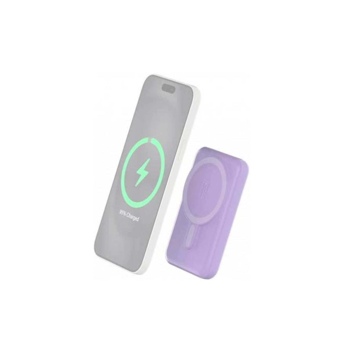 Un iPhone cargando de forma inalámbrica con un cargador lila adjunto.