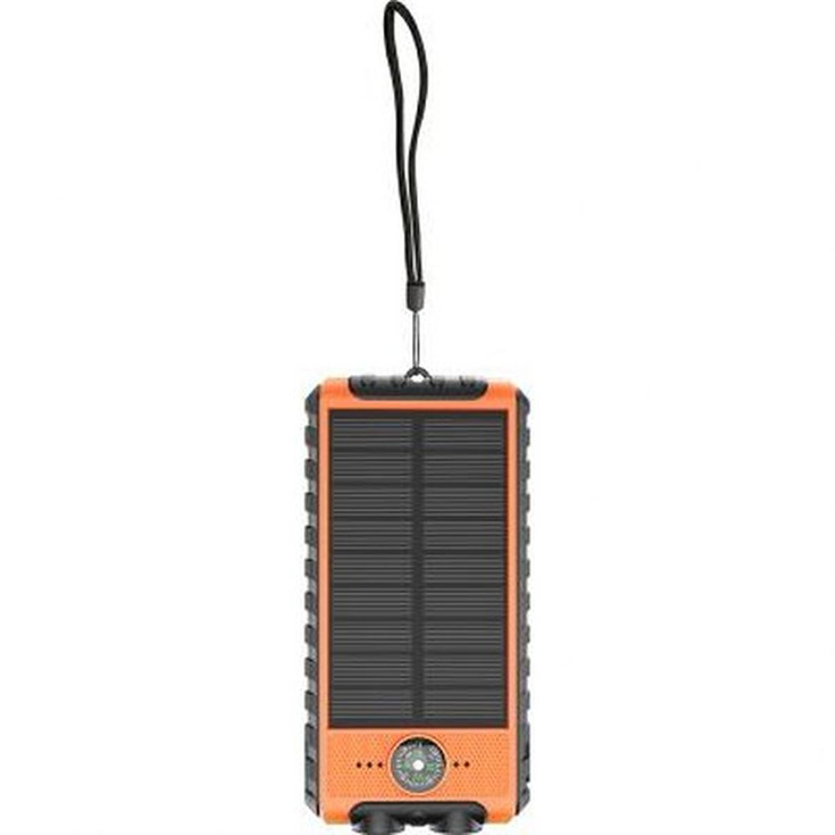 Chargeur solaire orange avec panneau solaire noir et lanière noire.
