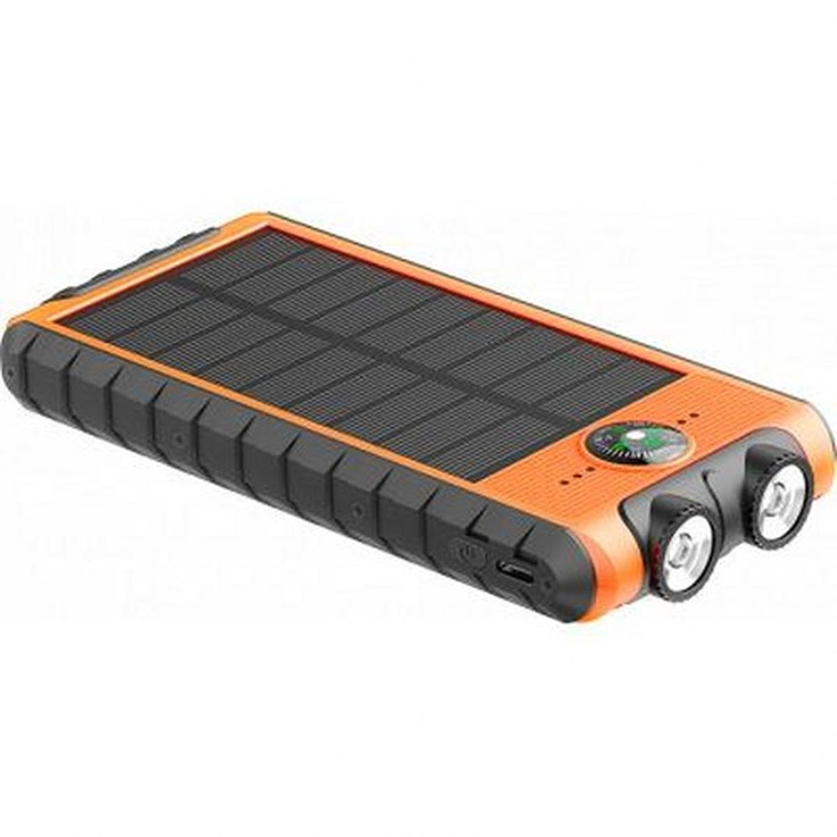 Chargeur solaire orange avec panneau solaire noir, deux lumières LED et une boussole.